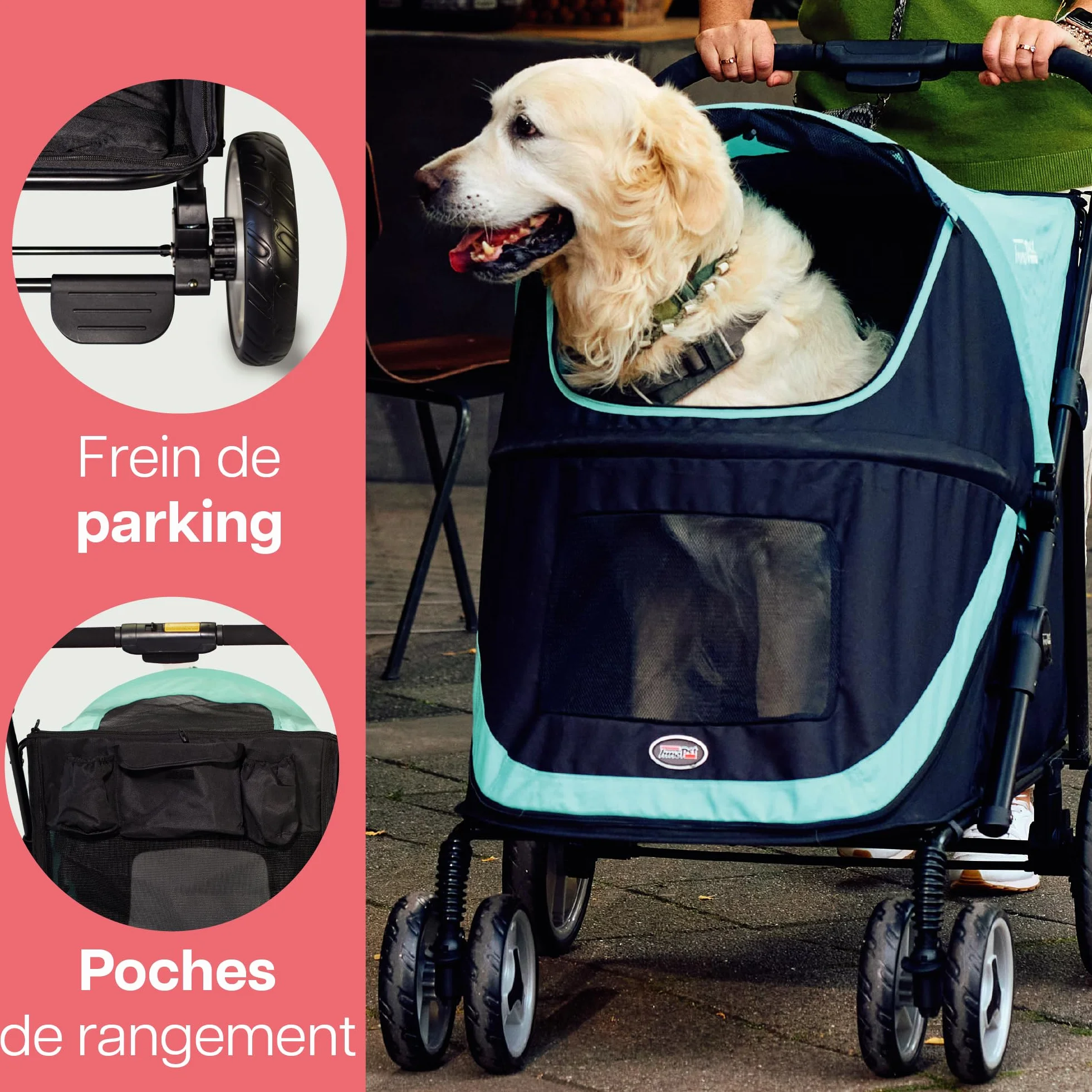 Chariot pour chien Innopet Mamut grand format bleu - Supporte jusqu'à 50 kg - Housse de pluie incluse - Pliage d'une seule main - Roues avant pivotantes, Remorque de chiens de taille moyenne et grande