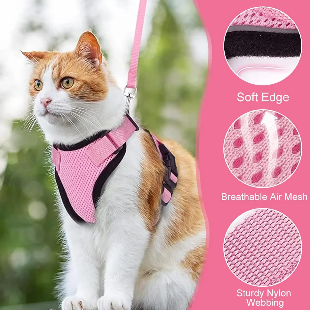 Harnais Pour Chat 1 Pièce Rose Xs, Laisse Réglable Réfléchissant, Gilet Respirant Chat Chien
