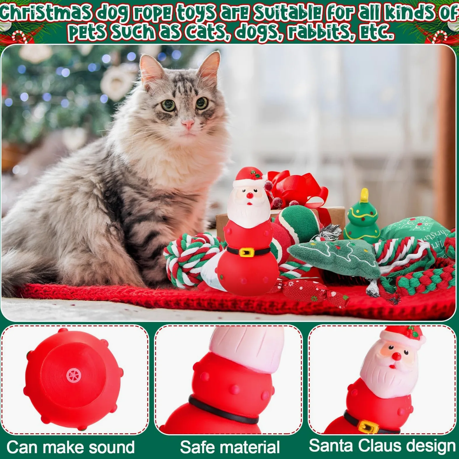 Lot de 16 jouets de Noël pour chien - Jouets couineurs en corde à mâcher pour chiens de petite, moyenne et grande taille - Cadeau de dentition