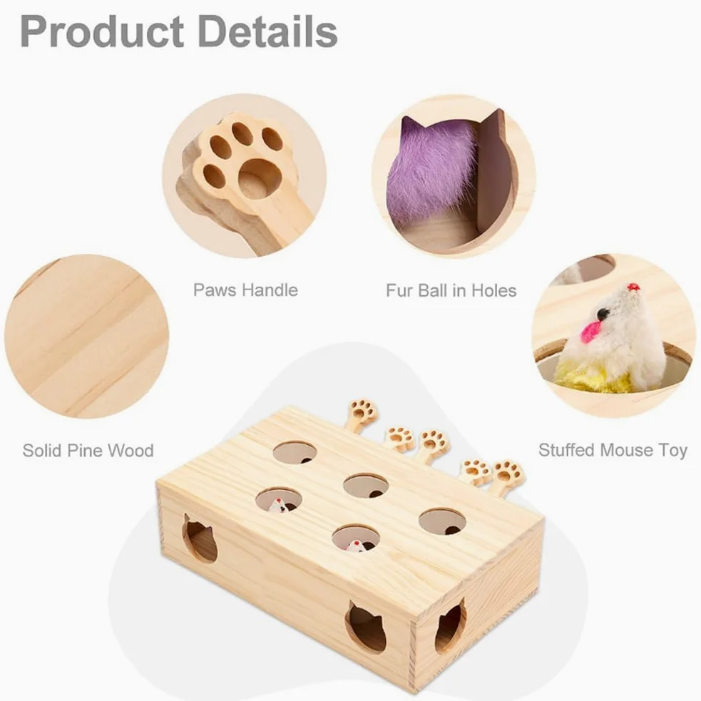 Cat Toys Interactive Whack-A-Mole Solid Wood Toy for Indoor Cats Kitten Catch Mice Game