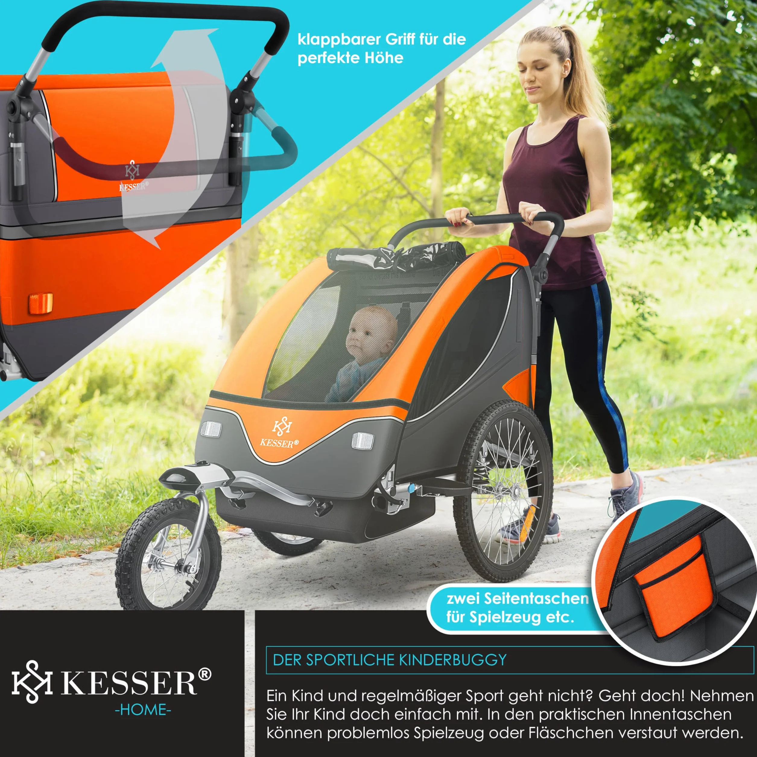 KESSER Remorque de vélo pour enfant pivotante 360° avec suspension 2 en 1, charge max 40 kg