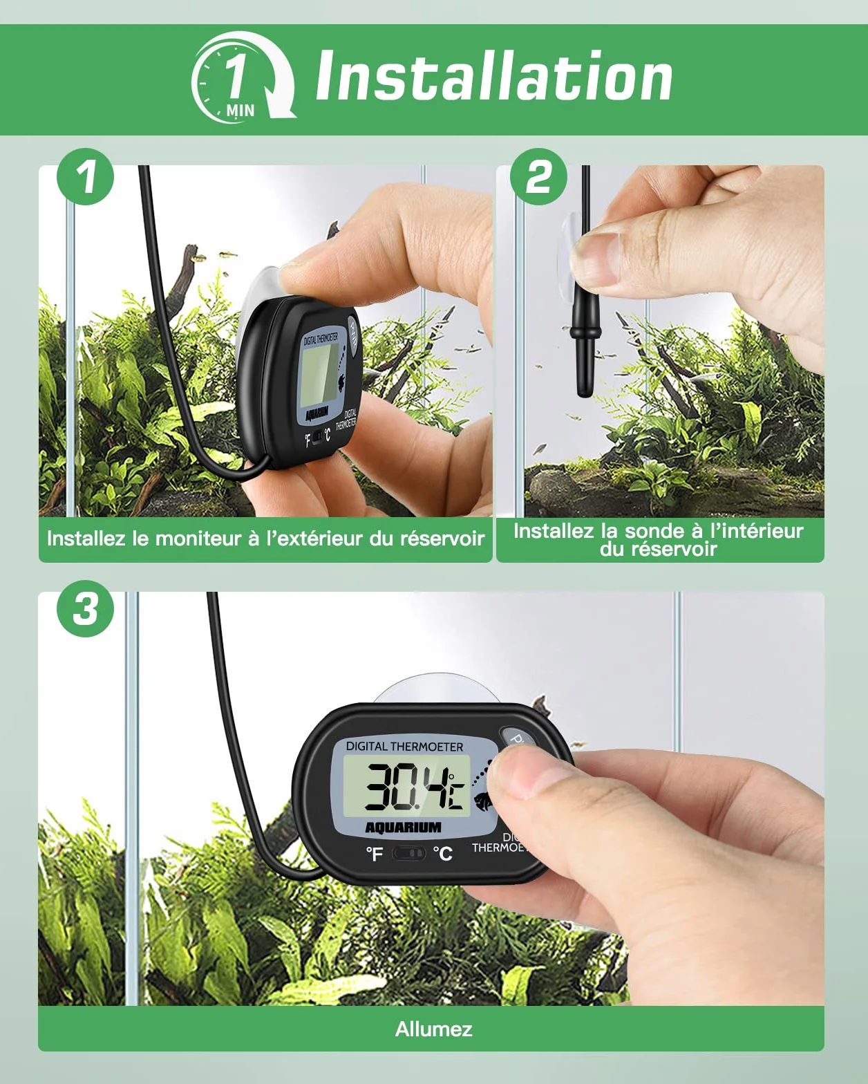 Zacro Thermomètre LCD Digital Aquarium avec Ventouse Sonde Immersion
