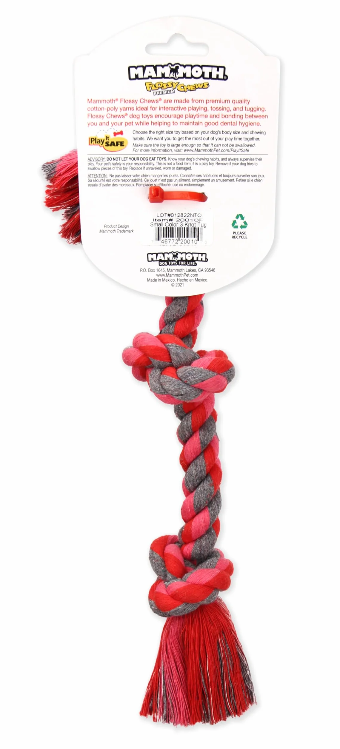 Mammoth Flossy Chews Color Corde à tirer 3 Nœuds - Jouet à mâcher en coton et polyester pour chiens - Mini 25,4 cm