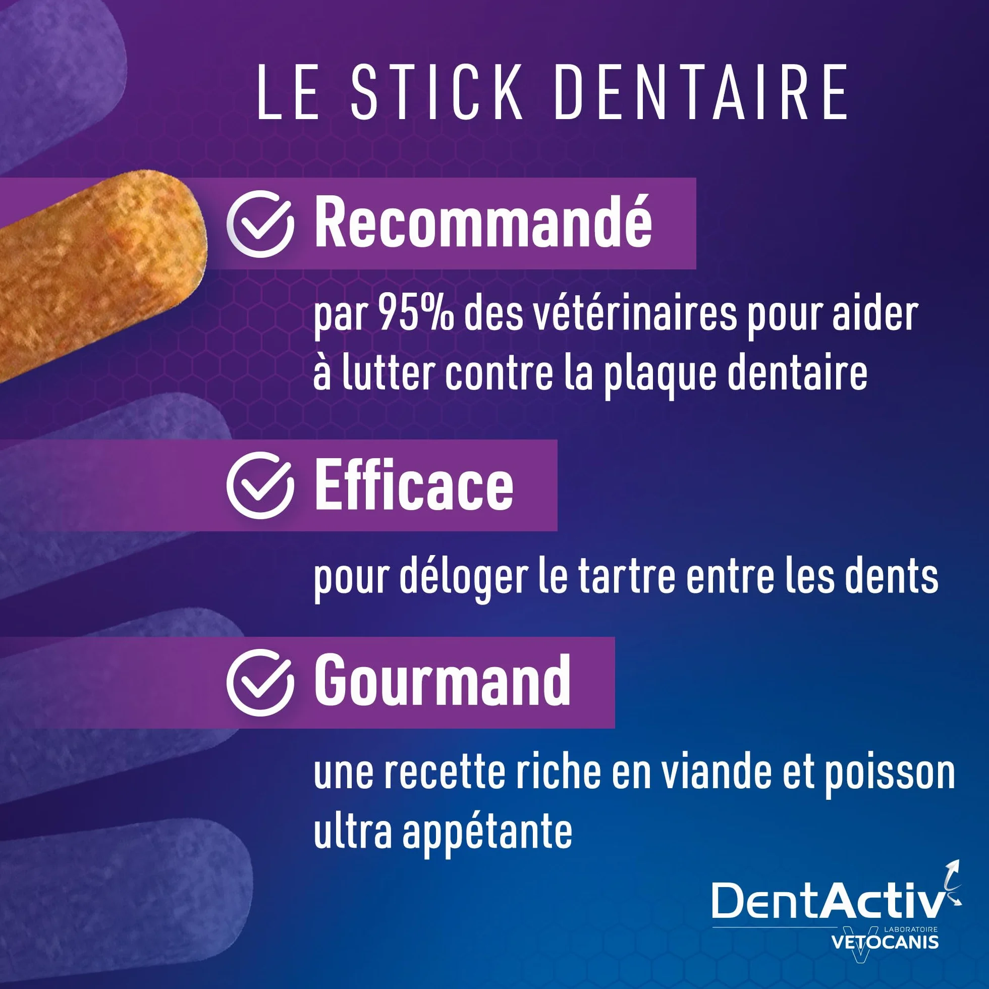 Vetocanis Dentactiv Stick Dentaire Chat Friandises Hygiène Santé 55% Poulet 26% Saumon Anti-Plaque
