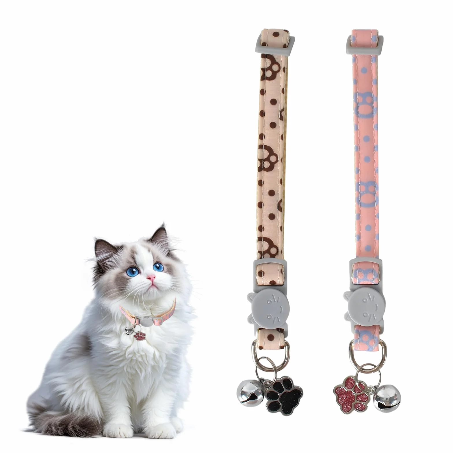 Collier pour Chats Réglable avec Clochette, Boucle de Sécurité, Design Pattes Mignon Rose et Blanc