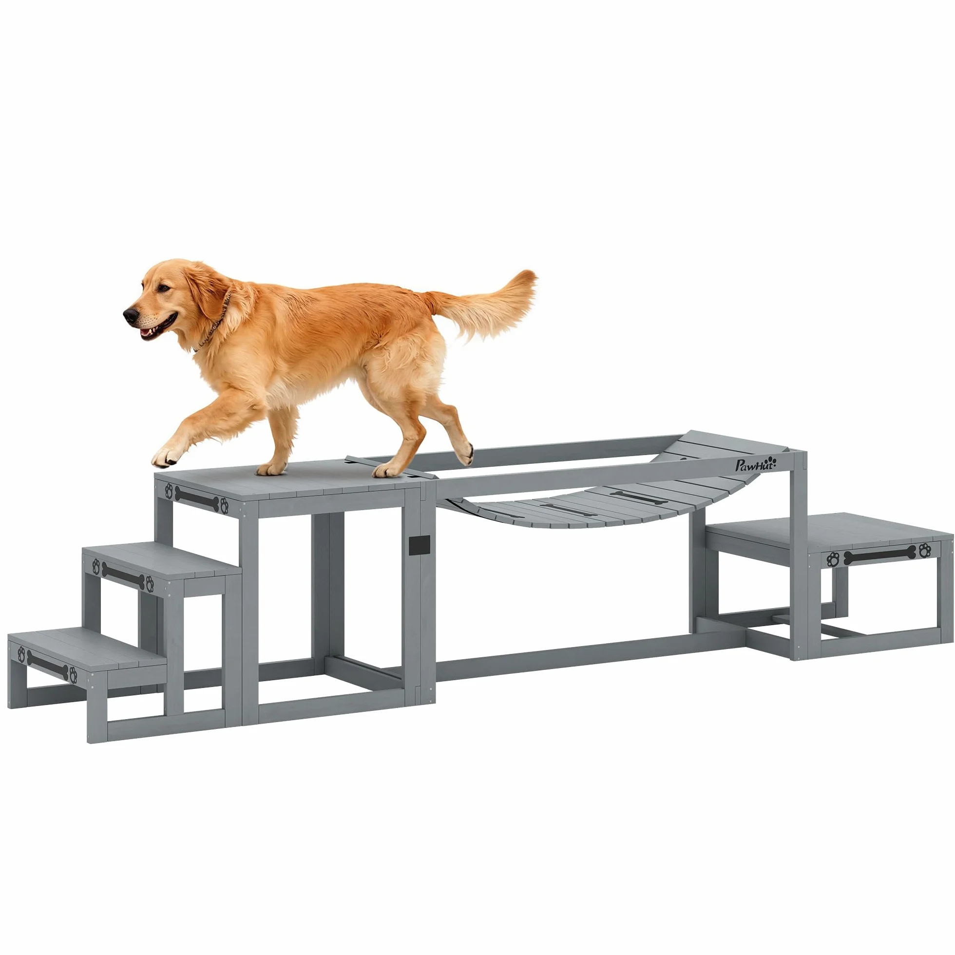 PawHut Kit d'agilité pour Chien 3 Pièces Pont Souple Plateforme de Pause Escalier Bois Massif Gris
