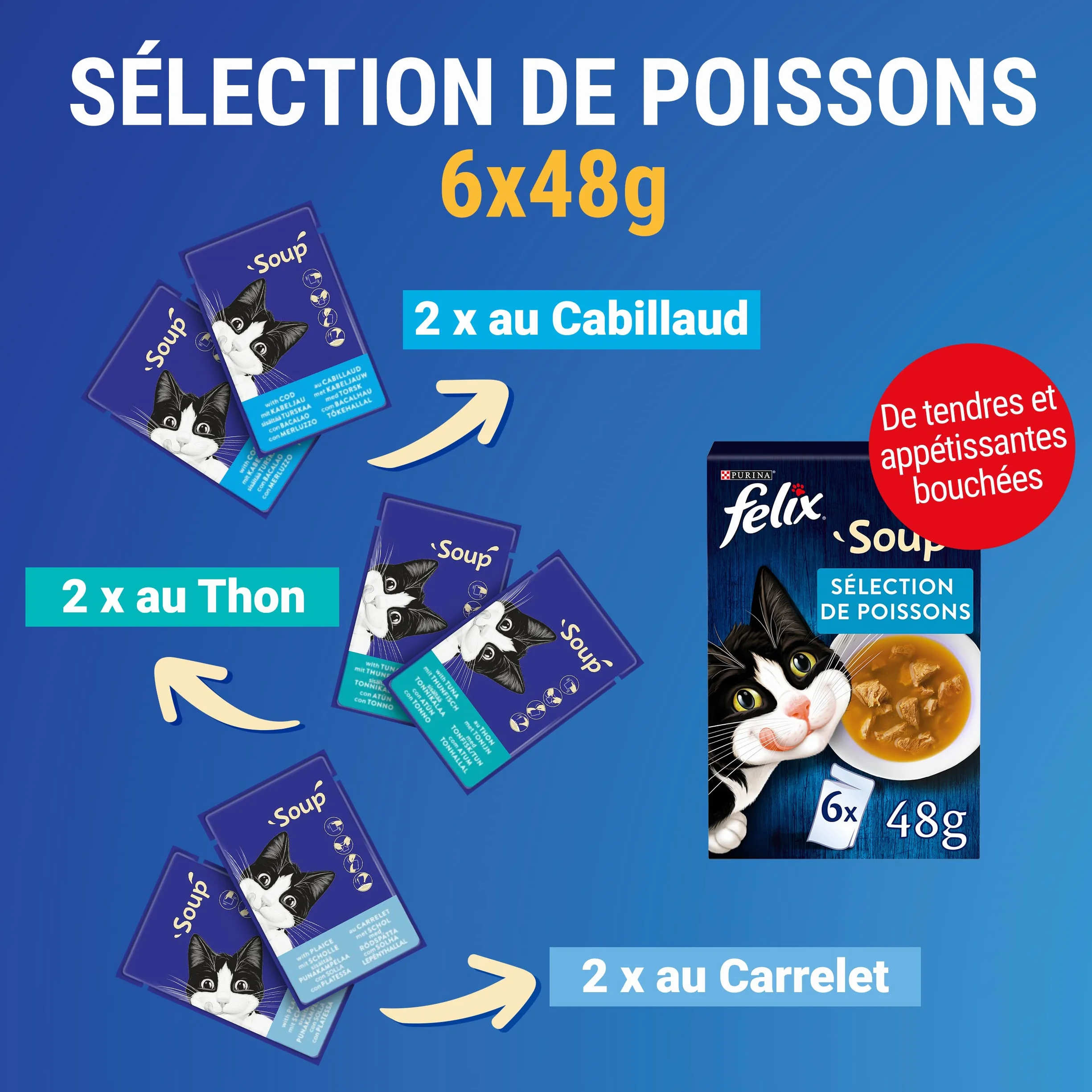 Felix Soup Original Au Poisson Cabillaud Thon Carrelet Sachet Fraîcheur Lot 8x 6x48g Aliment Humide Chat Adulte