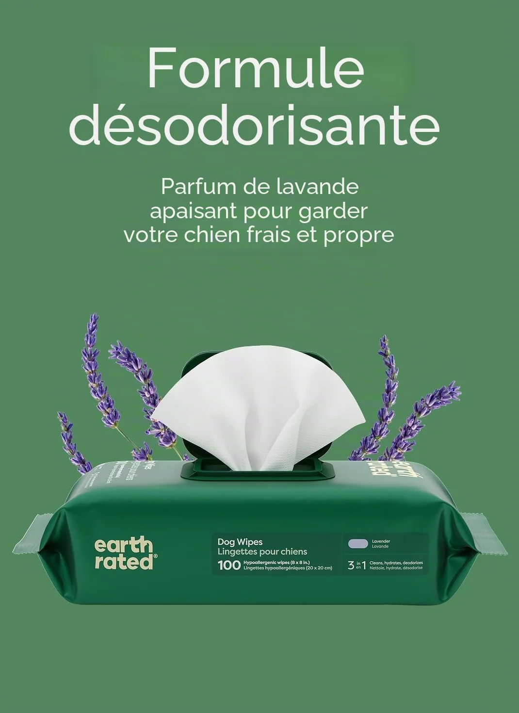 Earth Rated Lingettes hypoallergéniques pour Chiens, Lavande, 100 lingettes