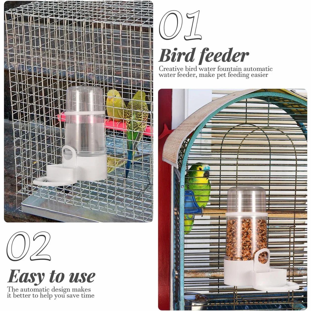 Abreuvoir Automatique pour Oiseaux, Distributeur d'Eau par Gravité avec Clip, Plastique Blanc Transparent, 2 Pièces