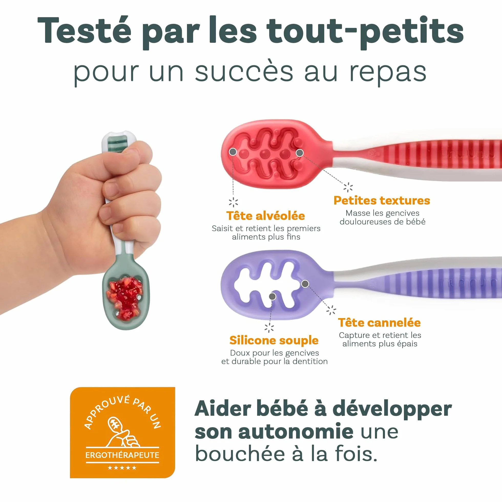 NumNum GOOtensils Cuillère Bébé 1er Âge - Étape 1+2 Silicone - Lot de 2 (Bleu/Orange)