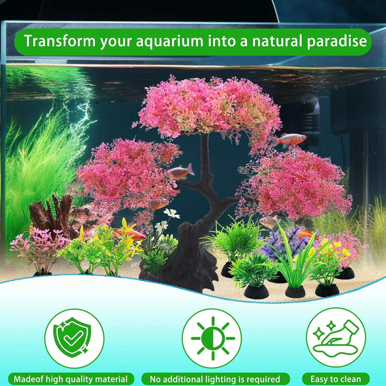 SLOCME Ensemble de décoration pour aquarium cerisier rose 10 pièces plantes artificielles plastique