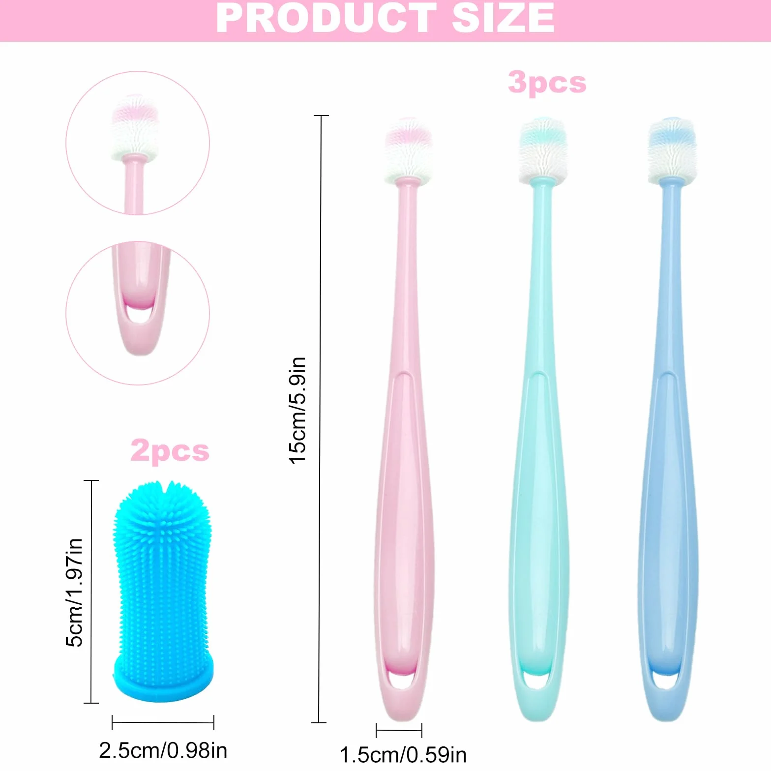 Lot de 3 Brosses à Dents pour Chat + 2 Brosses à 360° en Silicone Souple Réutilisable - Rose, Bleu, Vert
