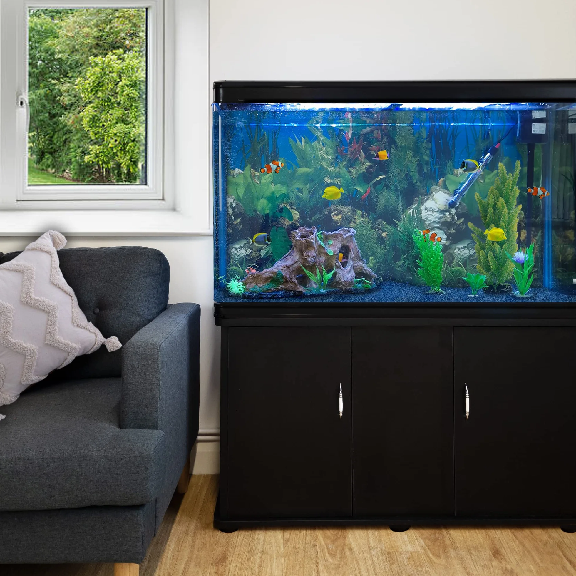 Aquarium Noir 300L Kit Démarrage Meuble 143,5x120,5x39cm Graviers Bleu