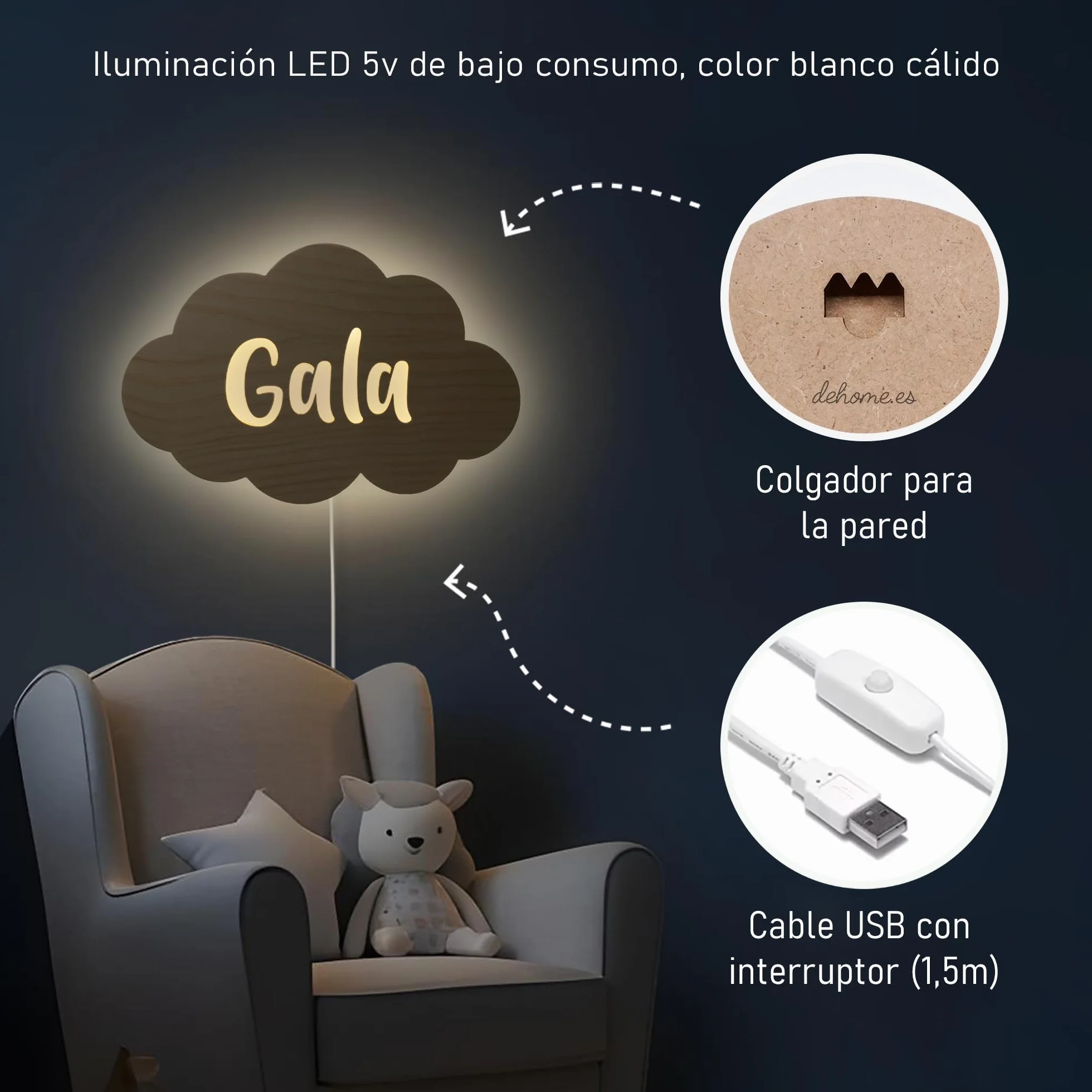 Lampe murale LED pour chambre d'enfant DEHOME - Lampe bébé blanc chaud personnalisée Nube