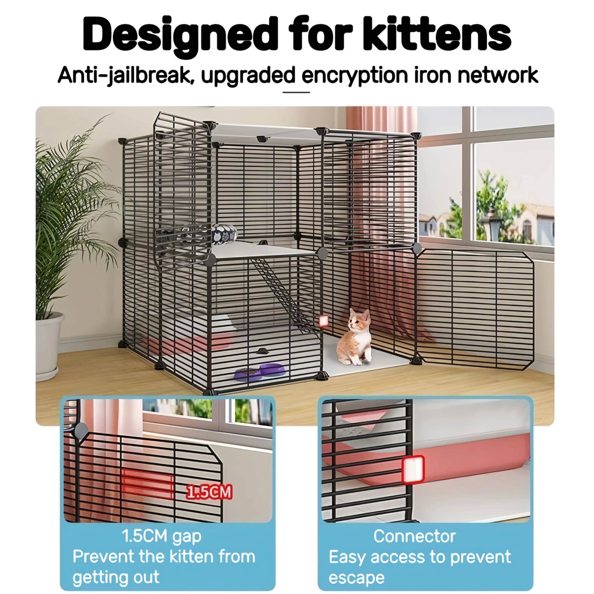 Enclos d'intérieur pour Chat 2 Niveaux avec Fil métallique Dense Taille 70 x 70 x 70 cm Noir
