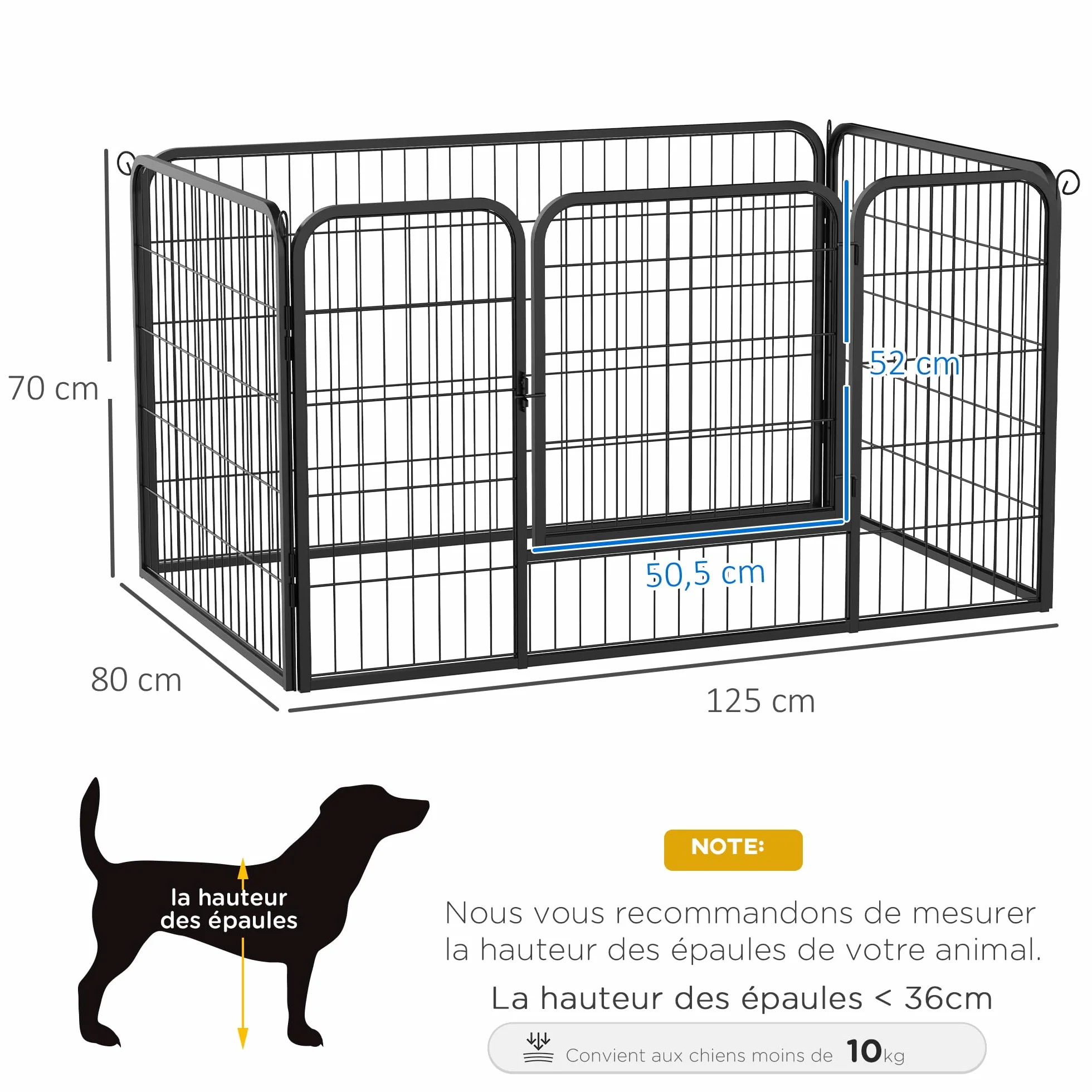 PawHut Luxe Parc enclos modulable Acier 4 Panneaux 1 Porte pour Chiens Lapins Petits Animaux 125x80x70 cm Noir