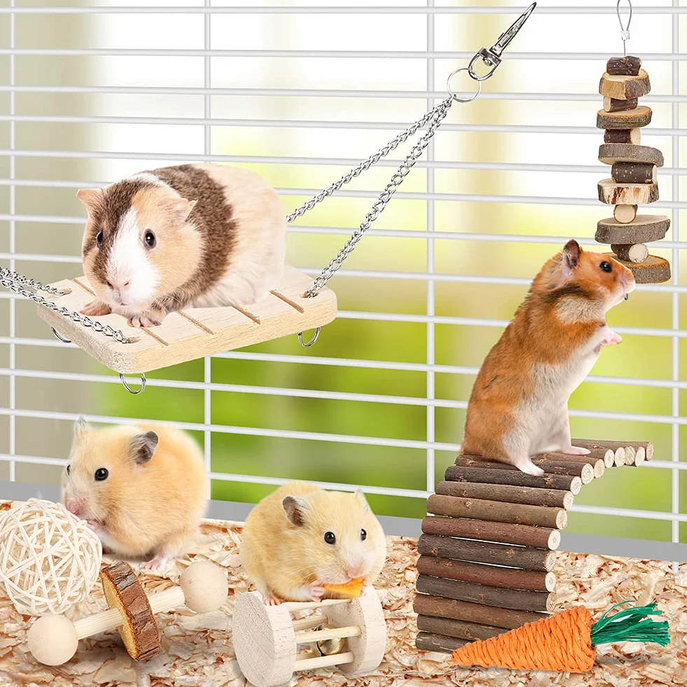 Jouets Cochon d'Inde à mâcher Naturel, Jouet pour Lapin, Hamster, Petits Animaux, Jouets molaires, Soins des Dents, Accessoires en Bois pour rongeurs, Jouet balançoire et Pont à Bascule