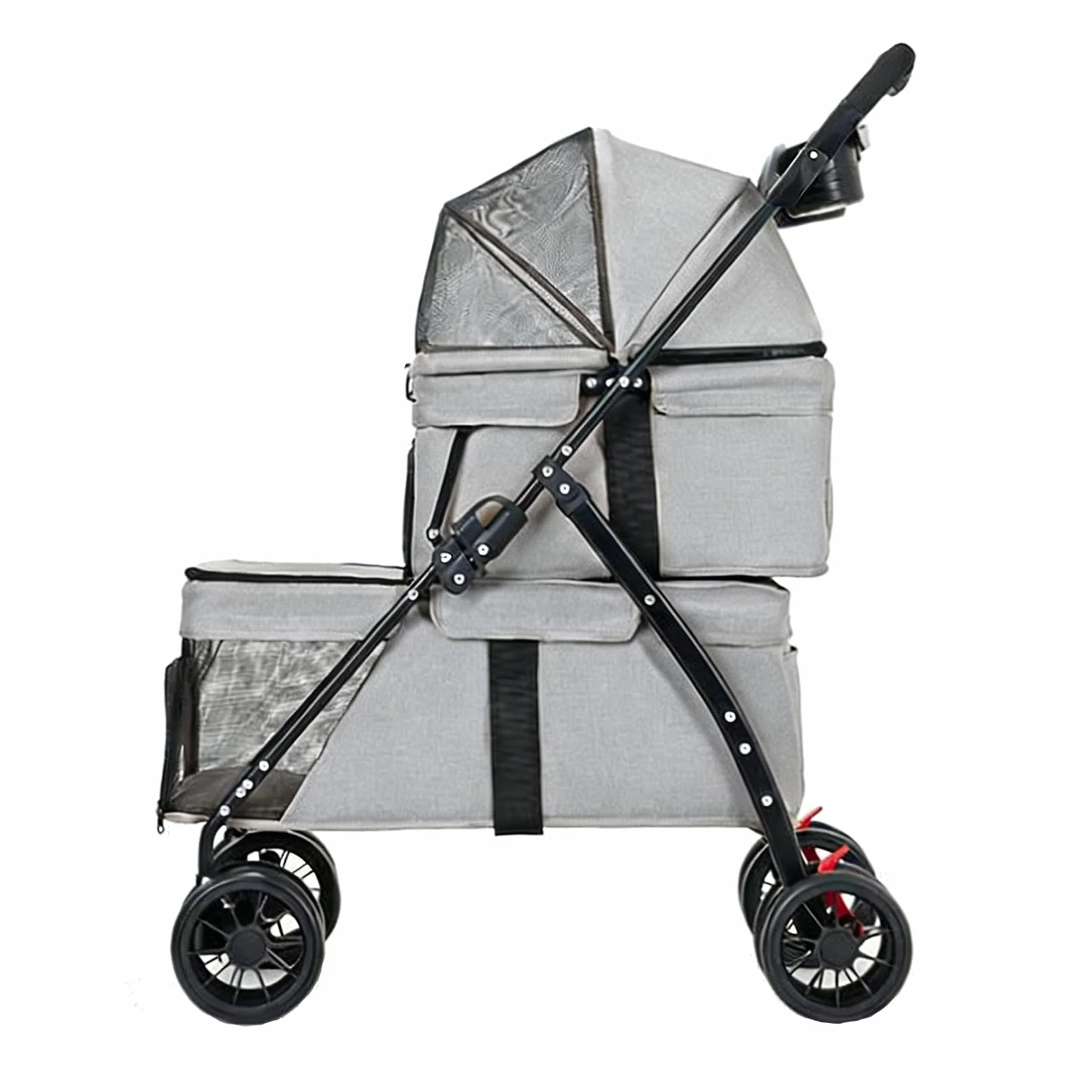 Poussette double pliable pour chats et chiens 2 chariots 4 roues avec sac de rangement et porte-gobelet Gris