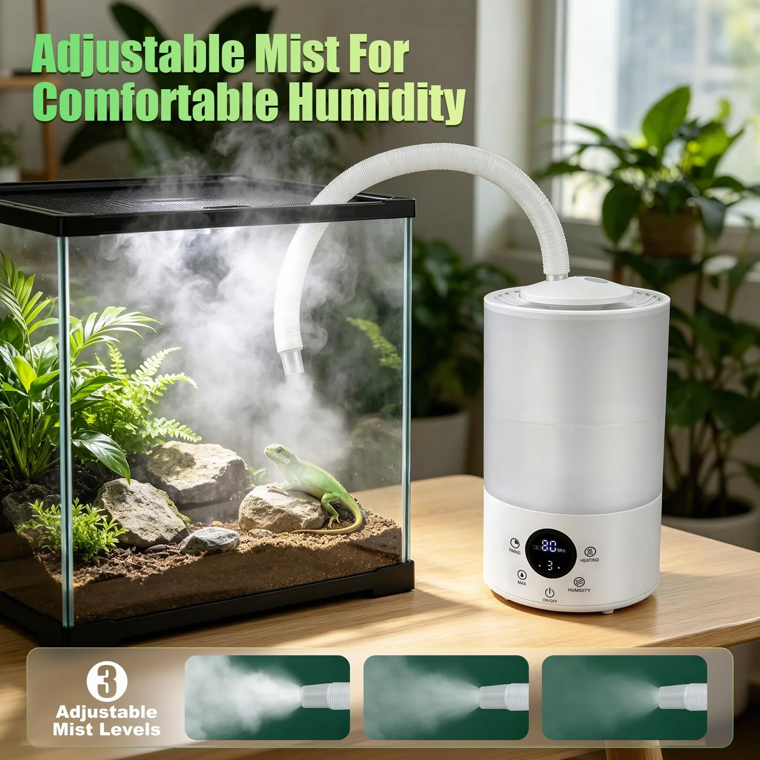 Humidificateur pour Reptiles 4L, Brumisateur Terrarium avec Capteur d'Humidité, Minuterie, Double Tuyau Extensible