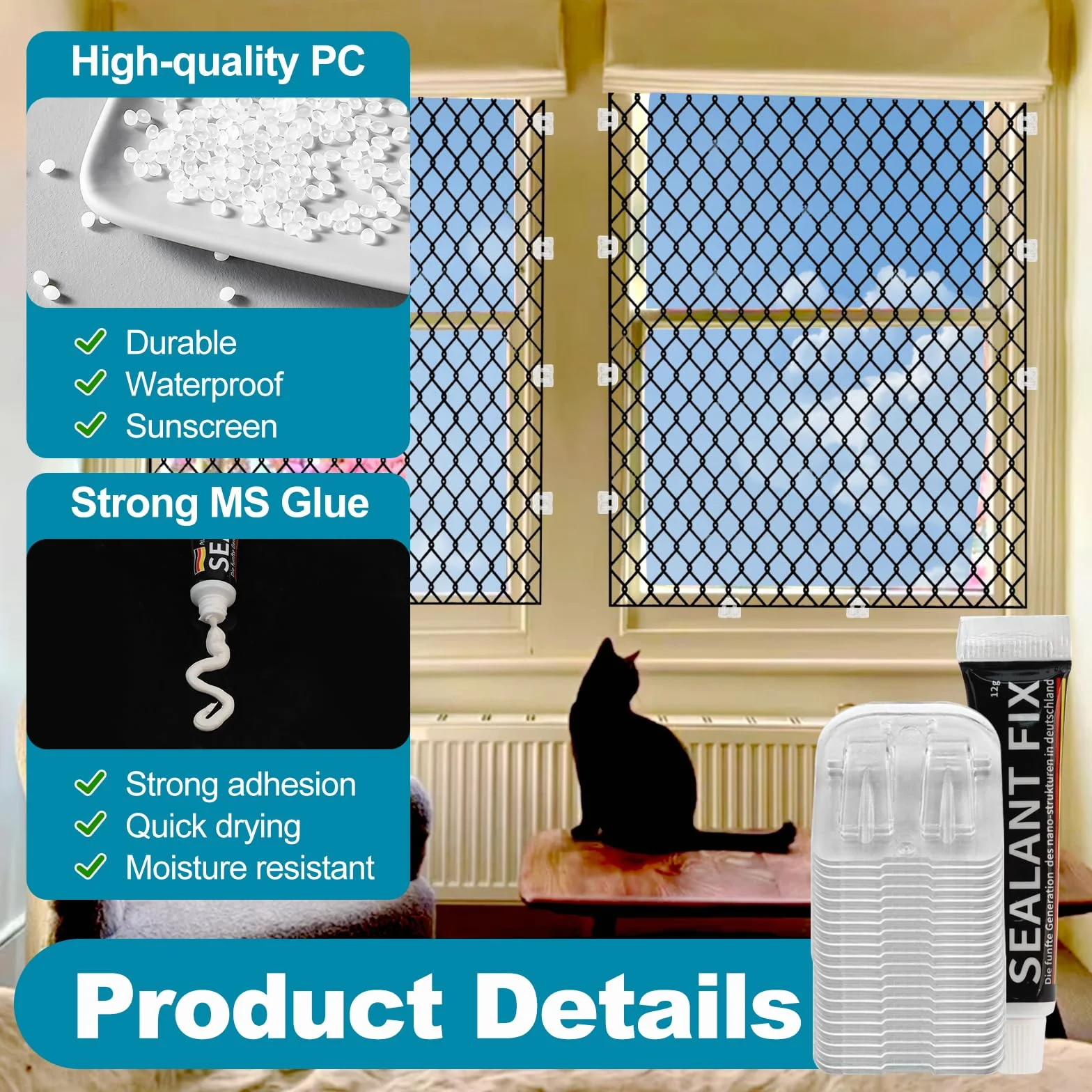 Crochet sans Percage de Filet Chat Balcon, Étanche, Anti UV, 100 Pièces, 6 Adhésif Extra Fort