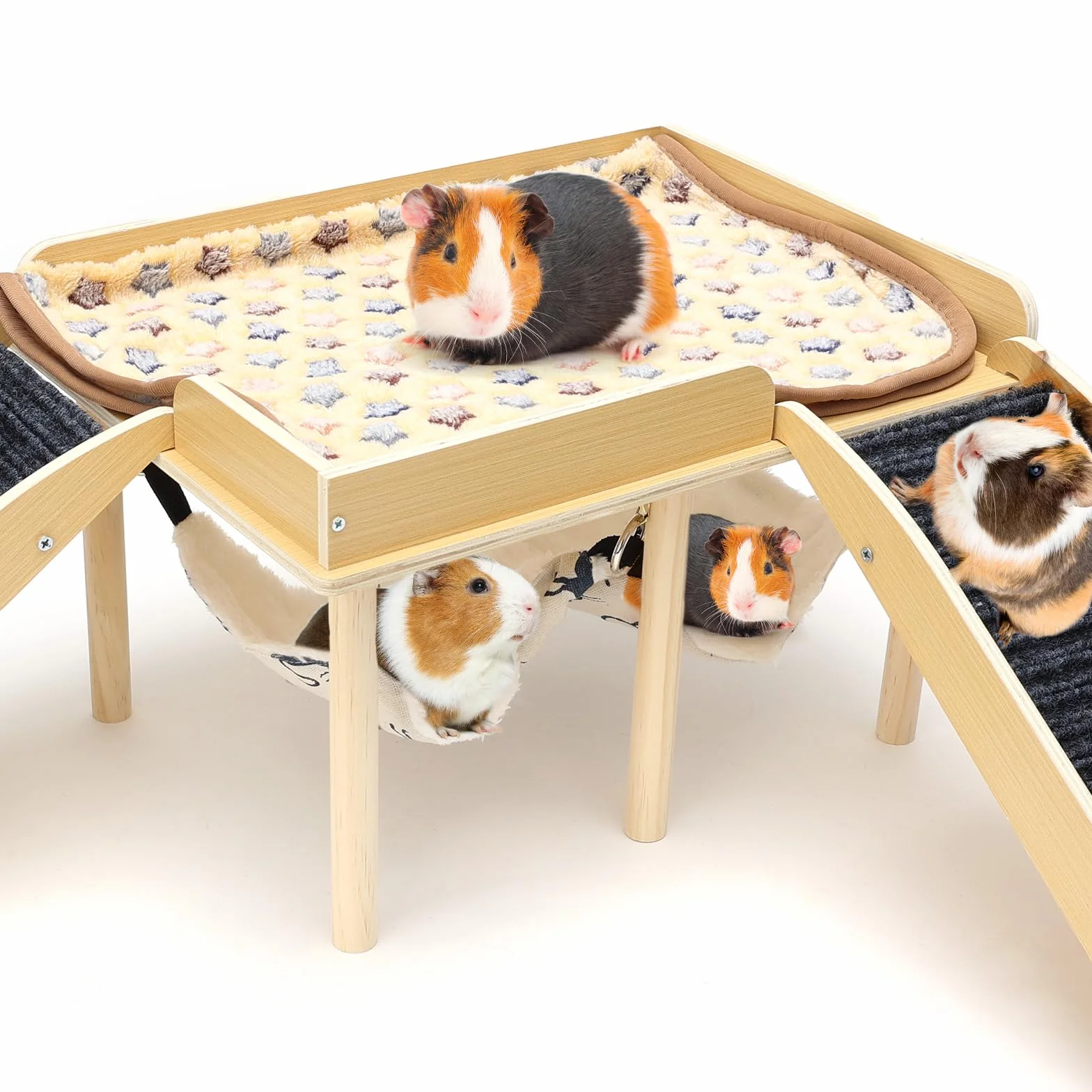 Maison de jeu en bois pour cochons d'Inde avec rampe et hamac coussin, grise amovible
