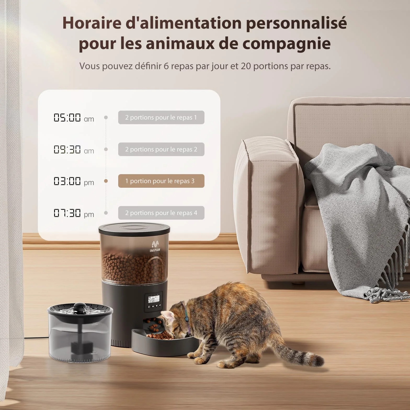 IMIPAW Distributeur Croquettes Chat Automatique Fontaine à Eau Programmable 1-6 Repas Filtre Noir