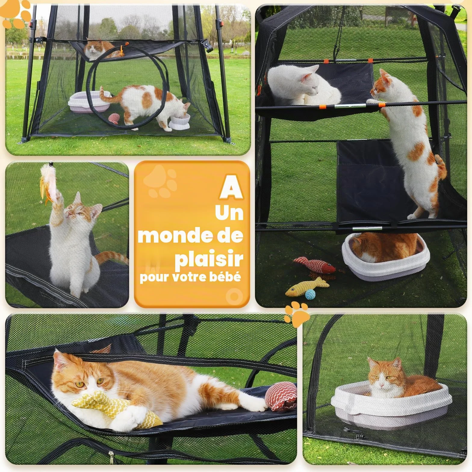 Rywell Enclos pour Chat Extérieur 145x110x110cm 3 Niveaux Pliable avec Sac de Transport