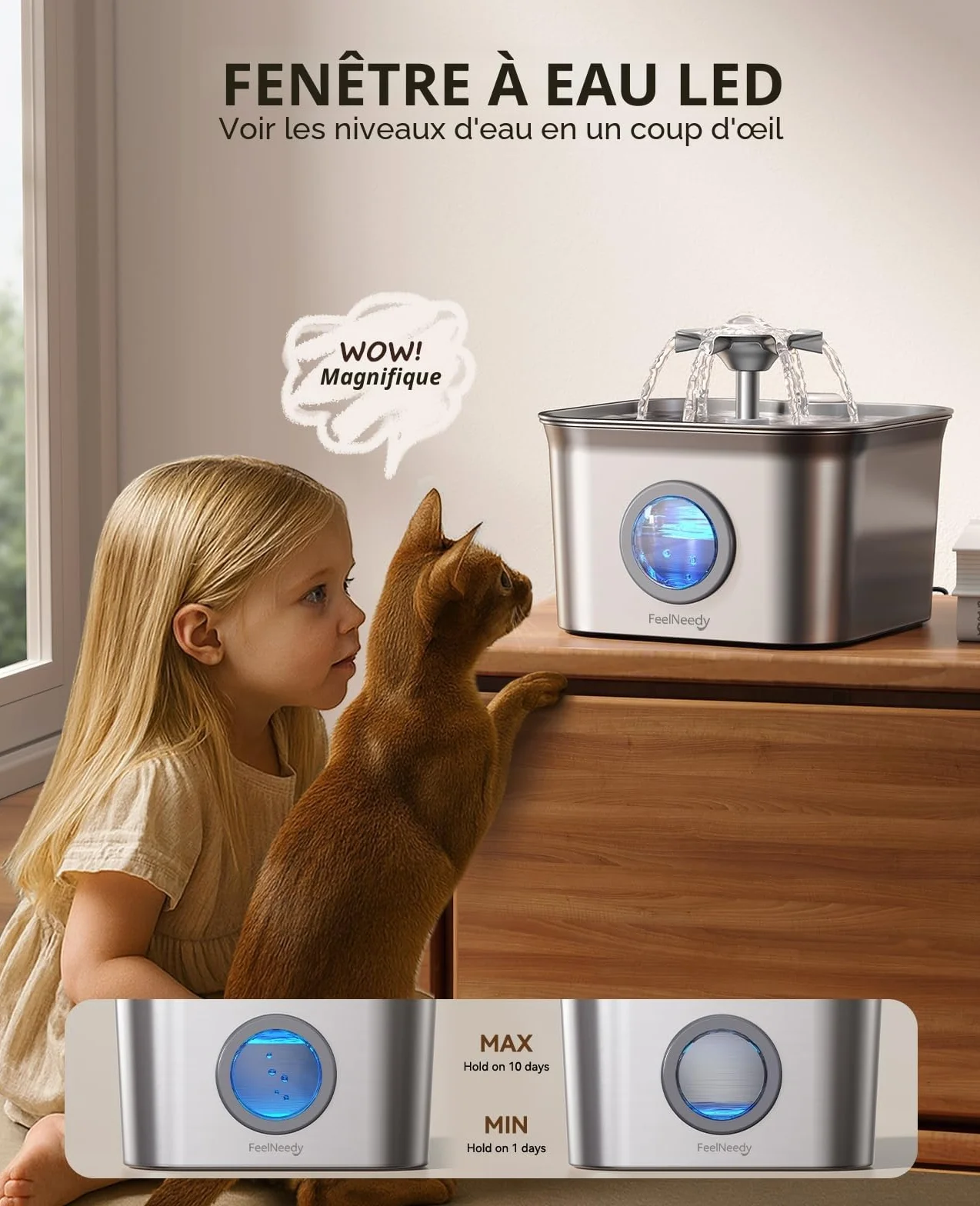 FEELNEEDY Fontaine à Eau pour Chat INOX 2,8L avec 3 Filtres, Système Quadruple Filtration