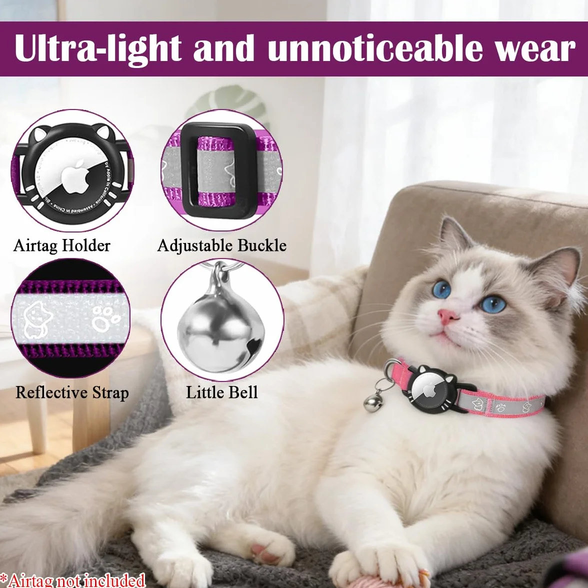 Collier Chat Réfléchissant Compatible Airtag Apple, Boucle Sécurité Anti étranglement pour Chaton