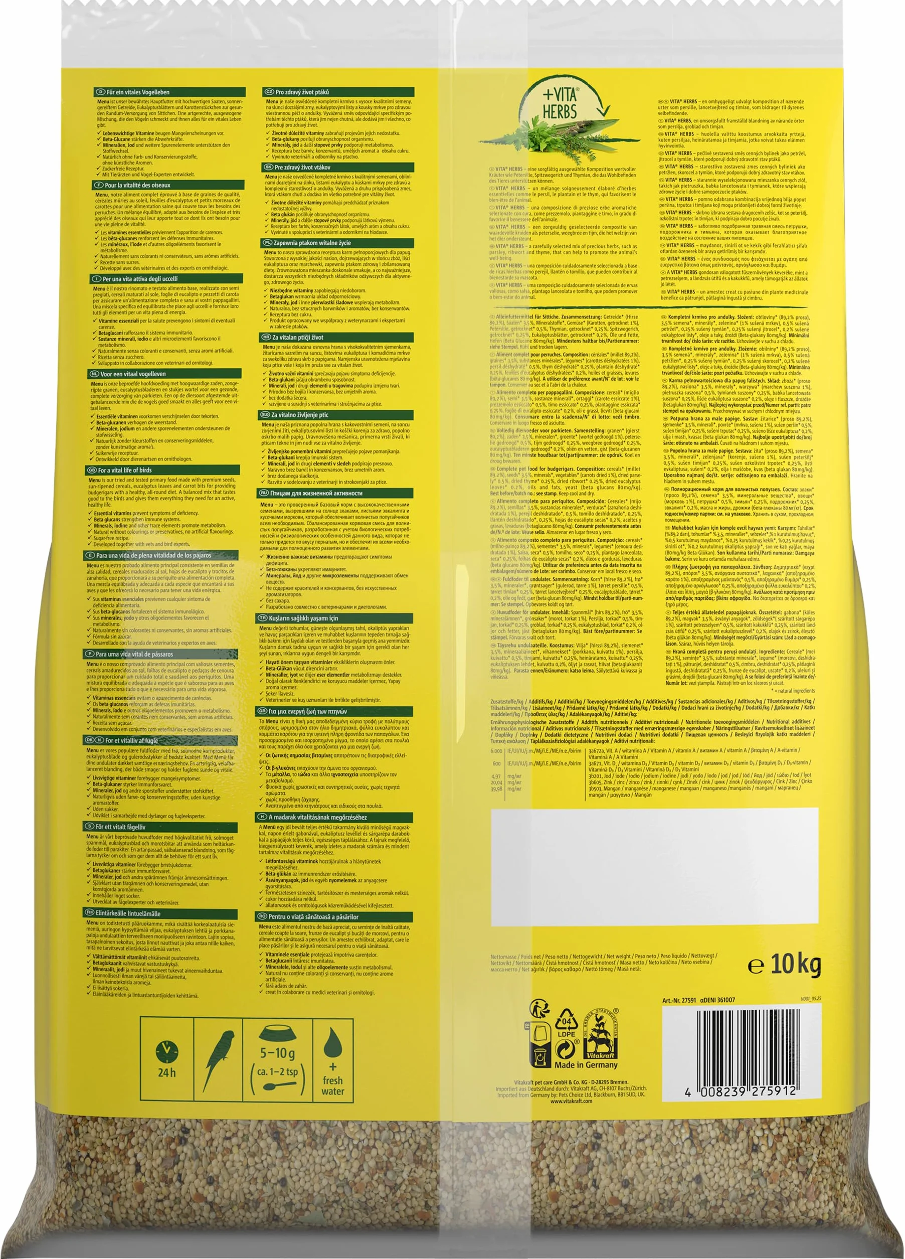 Vitakraft Menu 10 kg Nourriture Principale pour perruches avec vitamines et Complexe immunitaire Actif