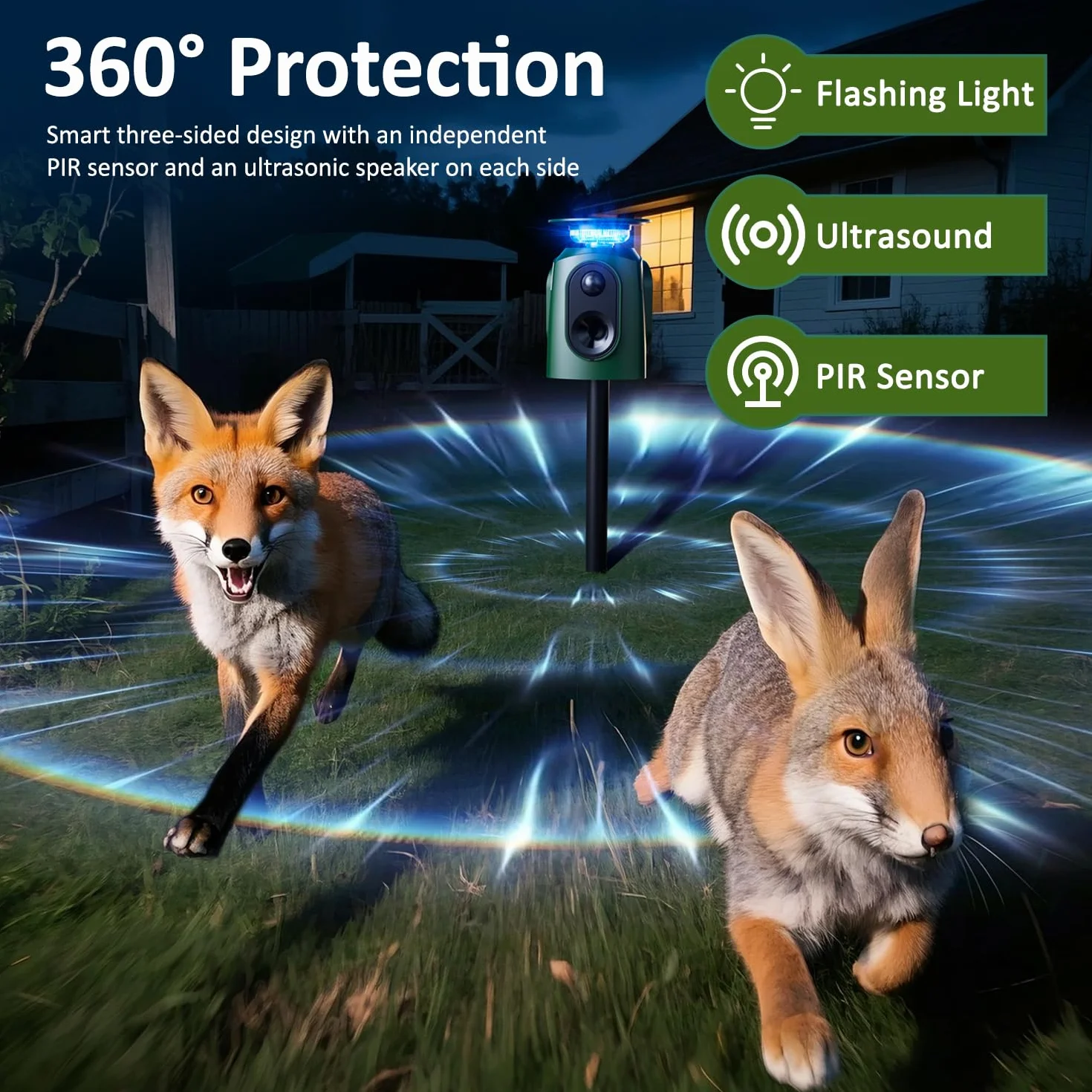 Repulsif Chat Exterieur Solaire Jkevow 360° Ultrason avec Détecteur Flash 5 Modes pour Chats Chiens Souris