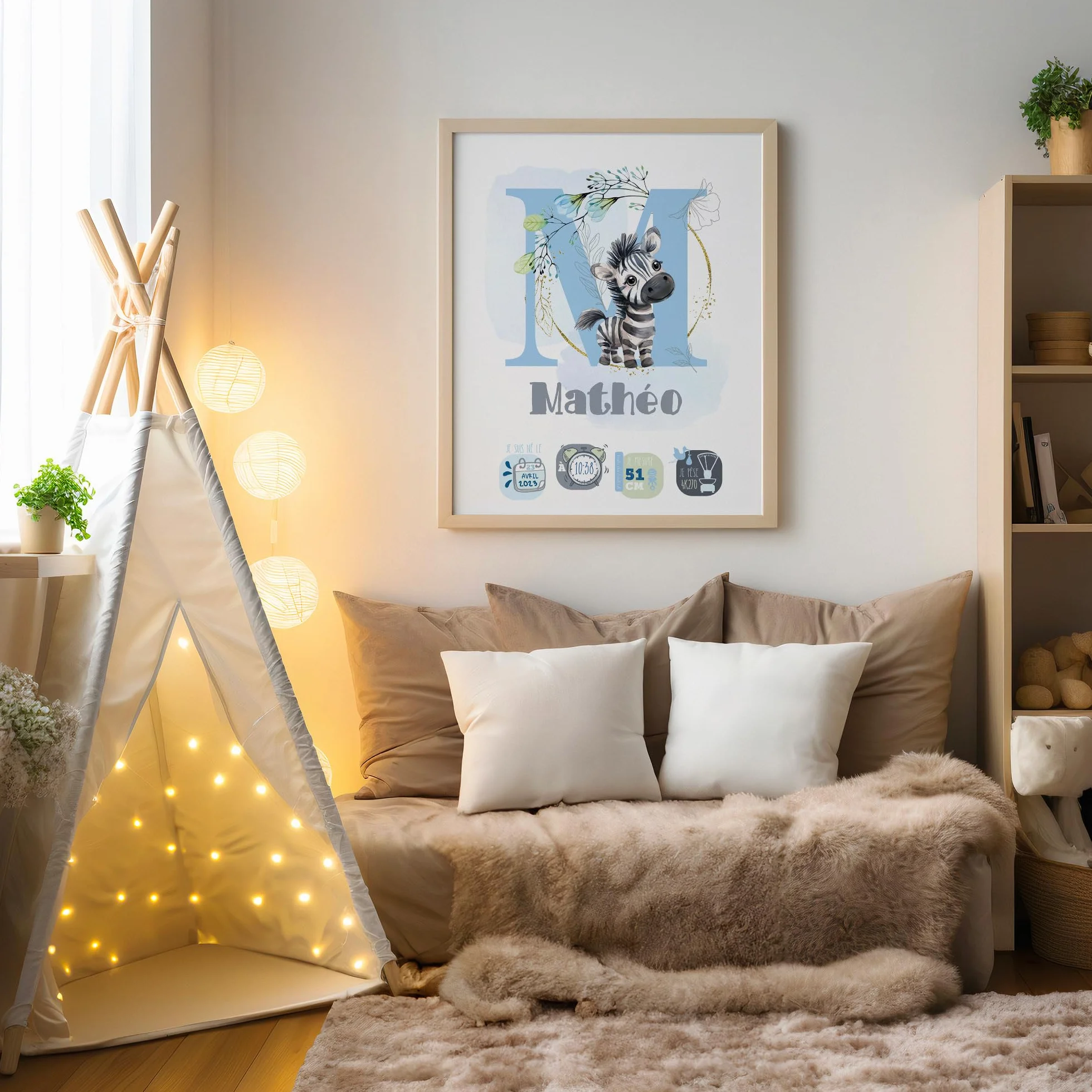 ÉNJA Création Affiche Personnalisée Décoration Murale Bébé Poster Prénom Poids Date Naissance Garçon