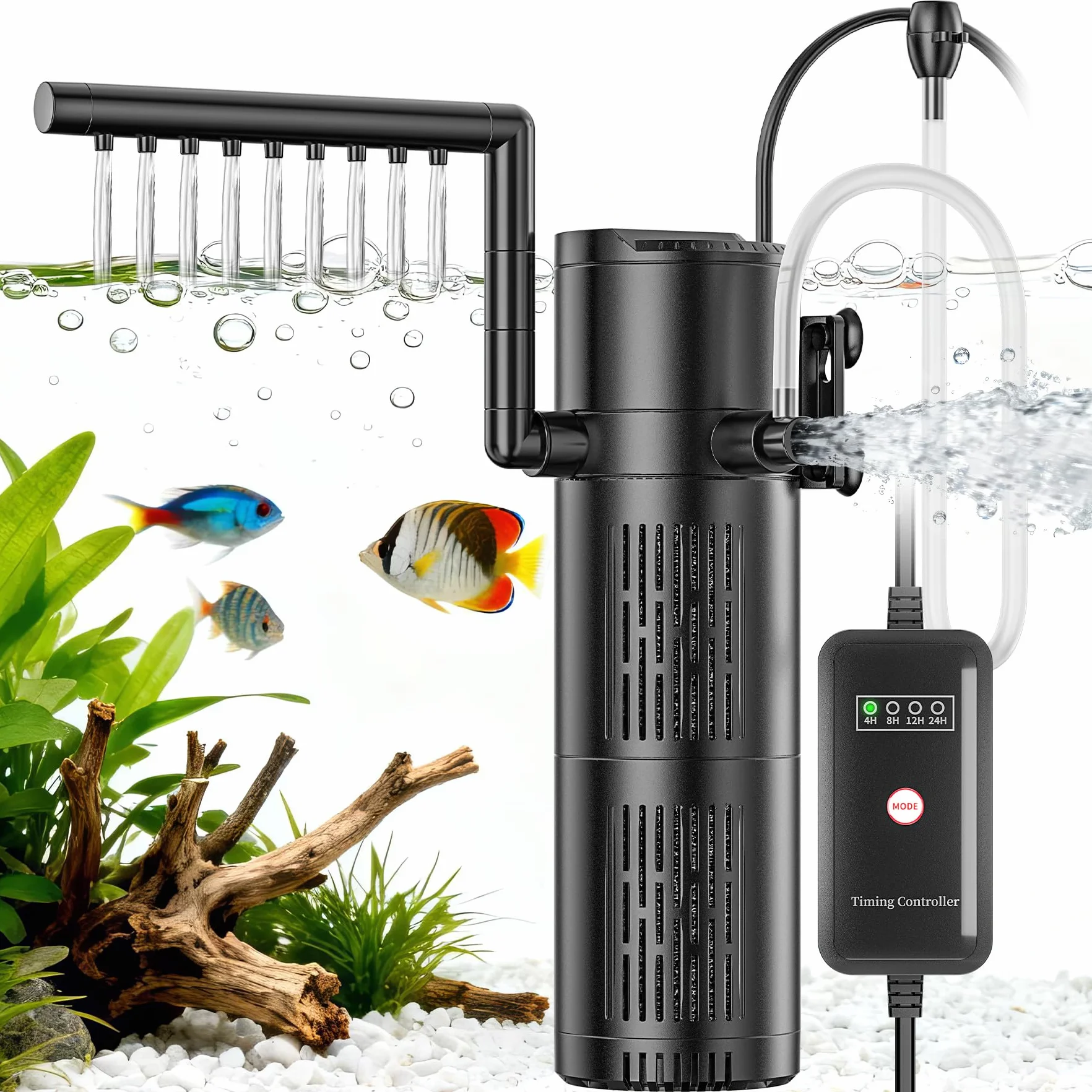 Filtre Intérieur Aquarium Pompe 5-en-1 avec Stérilisateur UV 6W, Réglable 40-1500L (8W 500L/H)