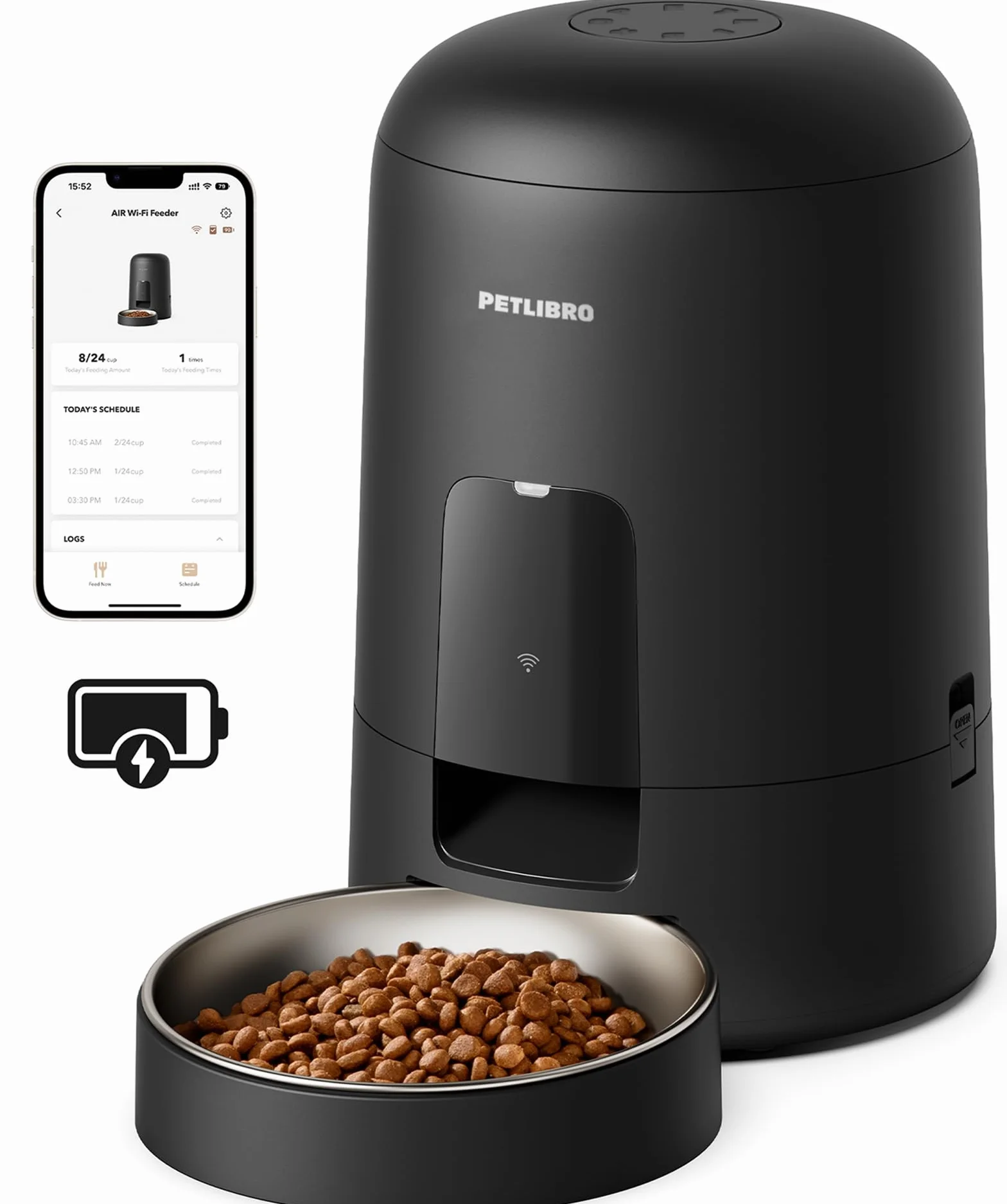 PETLIBRO Distributeur Croquettes Chat Automatique WiFi 2,4G Batterie Rechargeable 30 Jours 10 Repas 2L Noir