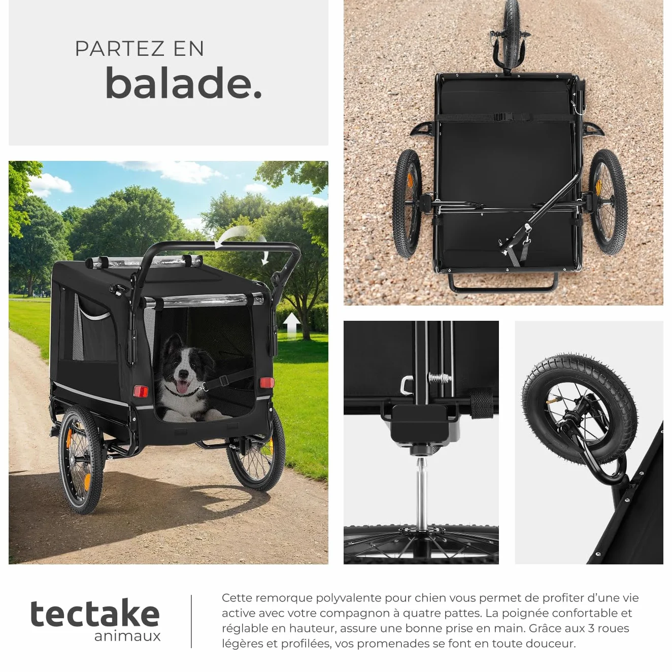 tectake Remorque Velo Chien 3 en 1 Pliable avec Reflecteurs, Drapeau, Charge Maximale 40 kg