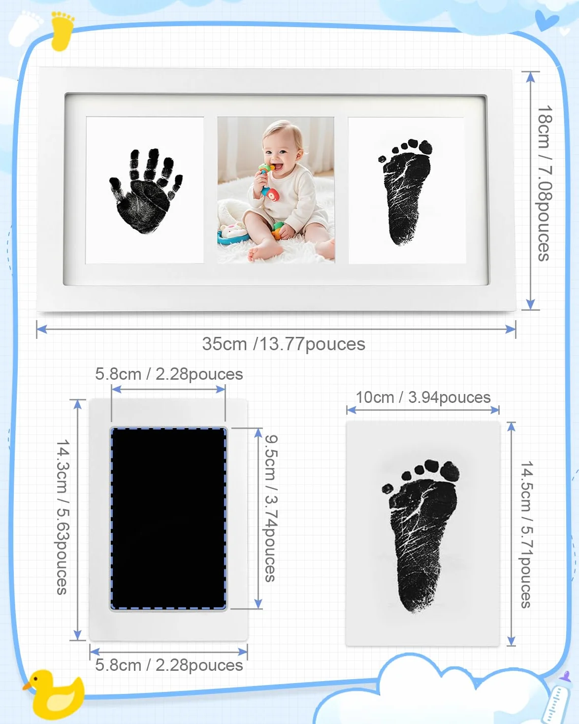 Kit Empreinte Bébé Main et Pied avec Cadre Photo, 2 Tampons Encreurs, 6 Cartes, 4 Clips, Cadeau Baby Shower (Blanc)