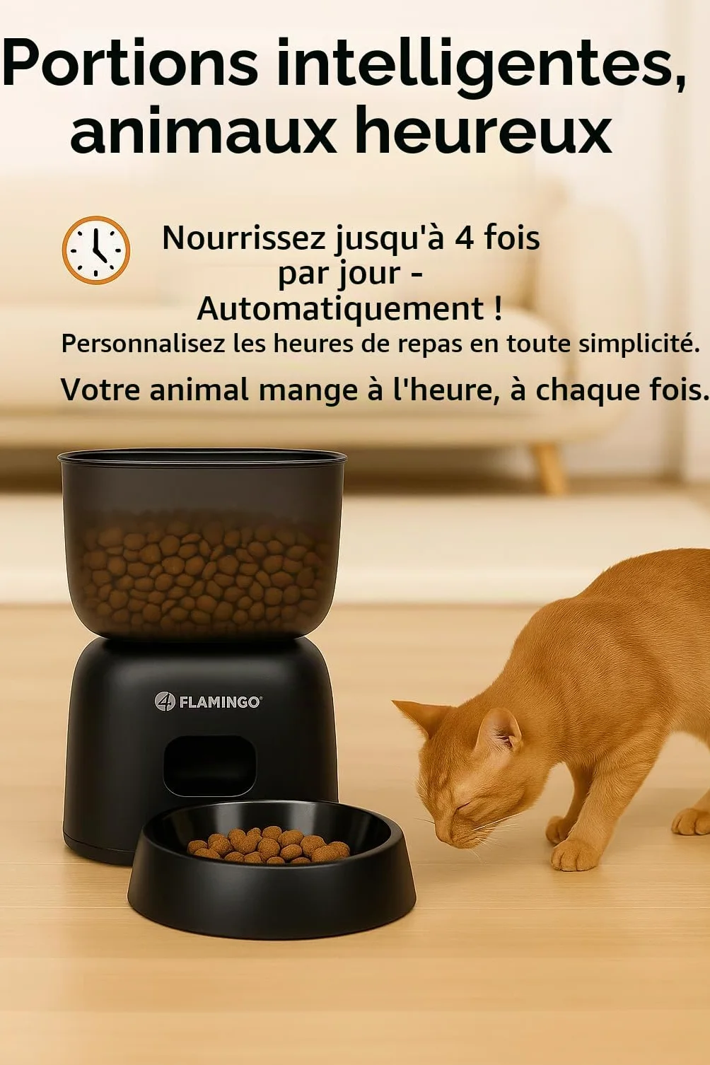 Distributeur croquettes Chat Automatique - Distributeur croquettes Chien - 3L programmable avec minuterie et Message Vocal - Flamingo Distributeur de Nourriture Blido Noir