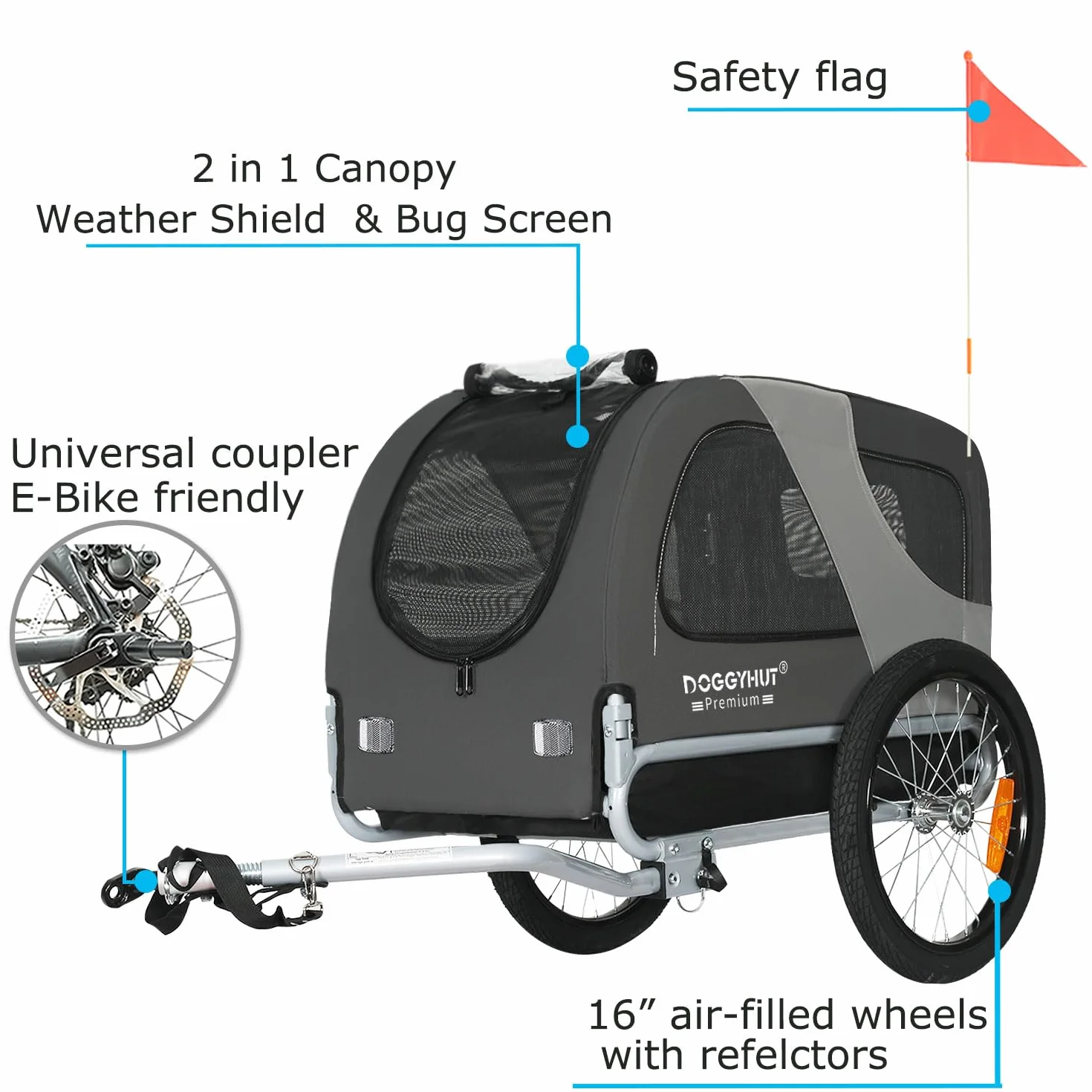 DOGGYHUT® Remorque de vélo pour chiens 23 kg pliable