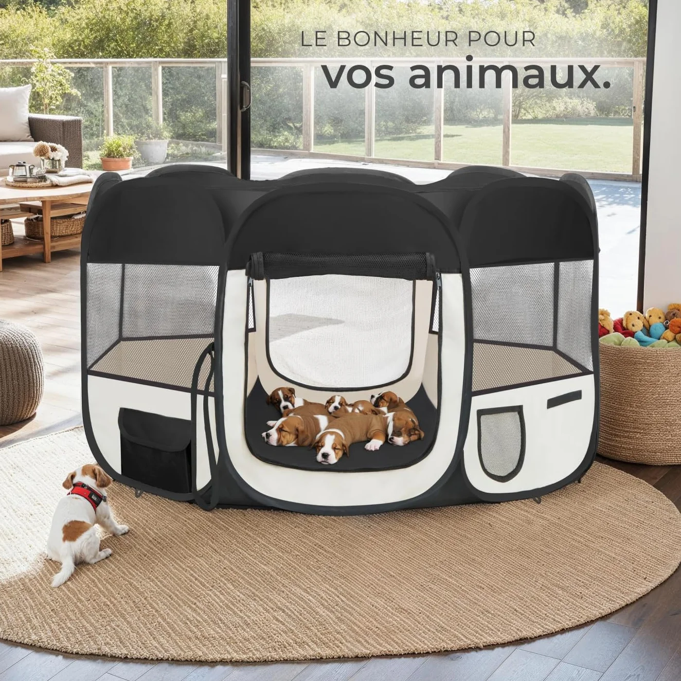 Tectake Parc pour Chien Modulable Pliable sans Toit 2 Entrées 6 Fenêtres Enclos Extérieur Anti Fugue