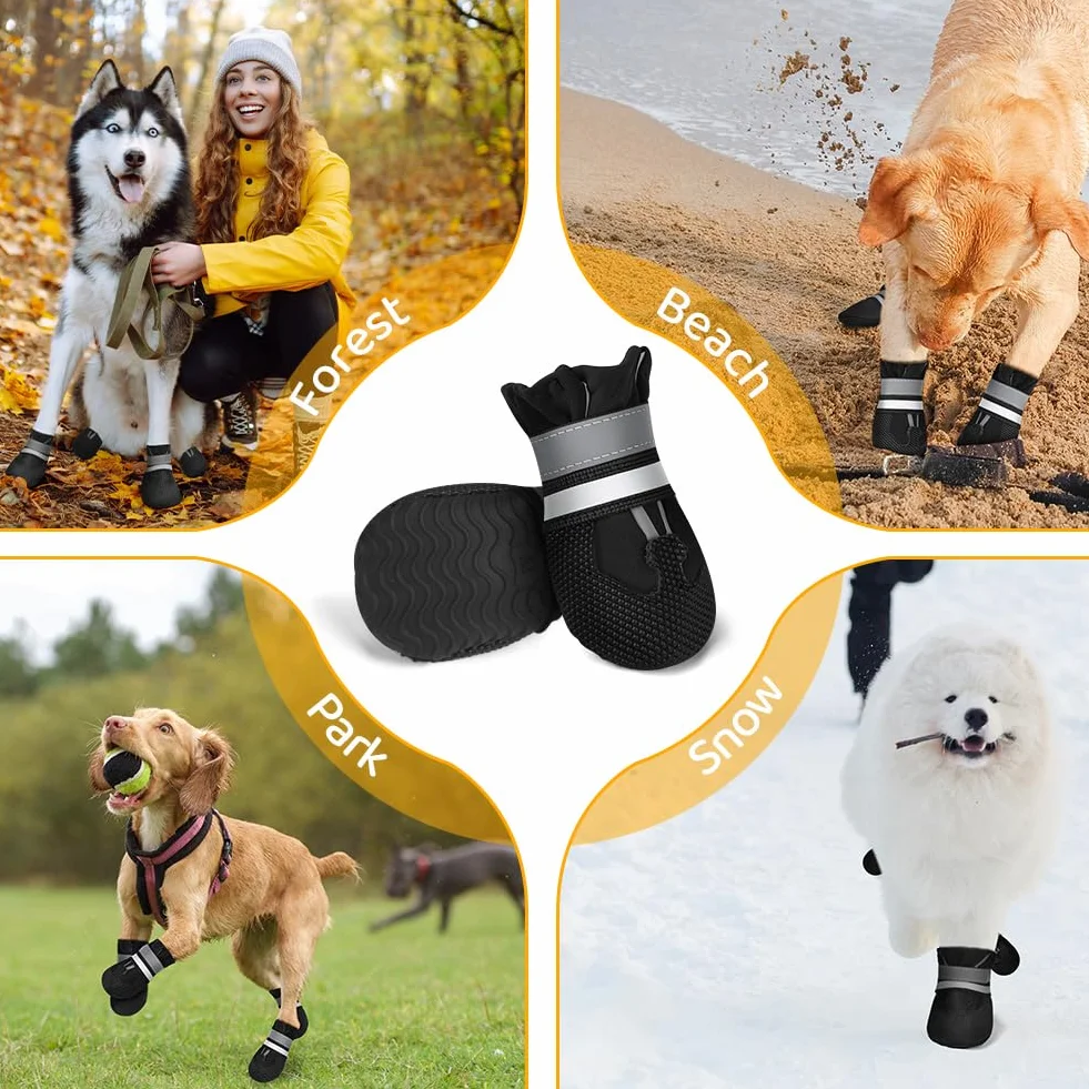 Bottes Chien Imperméables 4 Pièces avec Sangles Réfléchissantes Antidérapant Ajustables