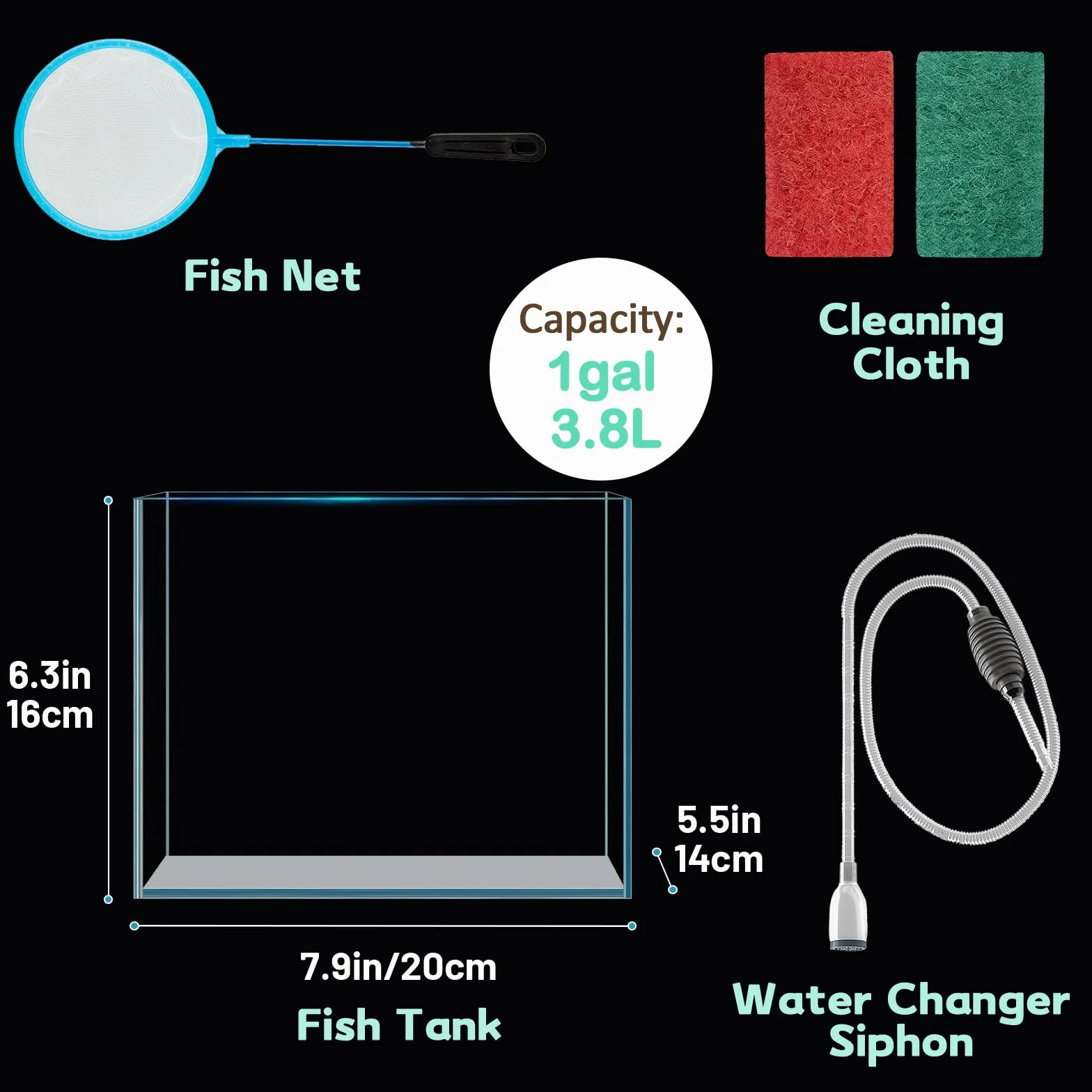LAQUAL 3.8L Aquarium Set mit Fischnetz Wasserwechsel-Schlauch & Reinigungstüchern
