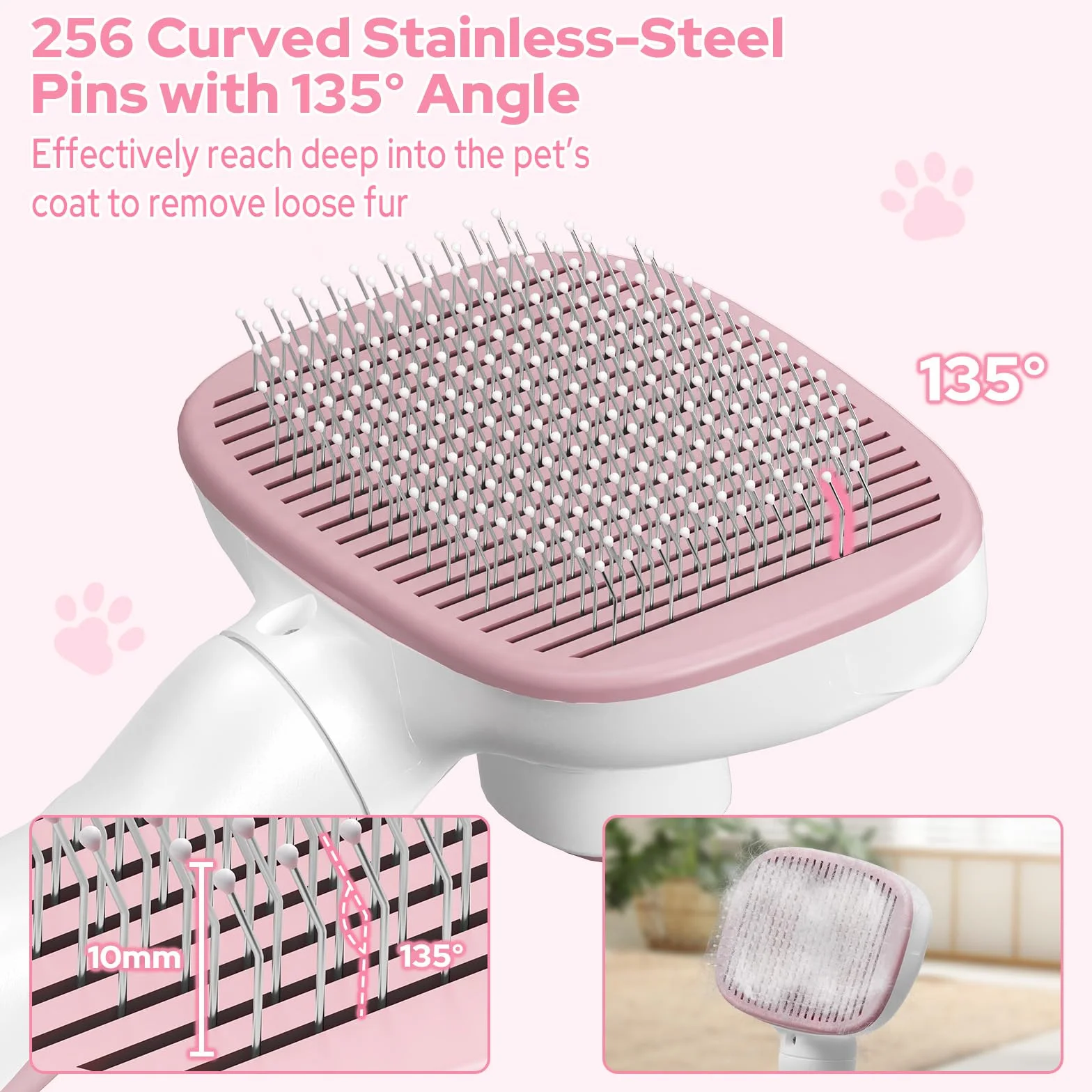 Zivacate Brosse Chat Chien Épilation Autonettoyante Poils Morts Manche Antidérapant Rose-Blanc