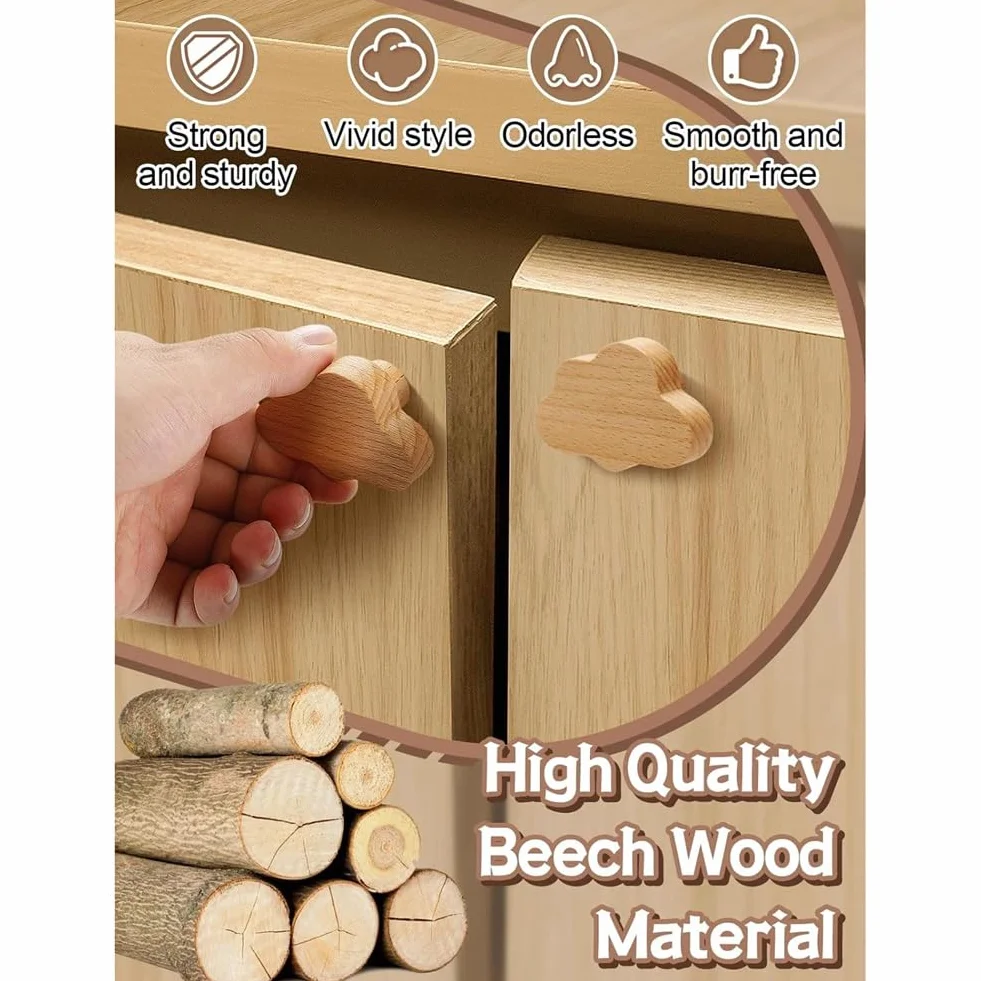 Boutons d'armoire design nuage en bois pour chambre d'enfant, bohème, lot de 12 avec vis