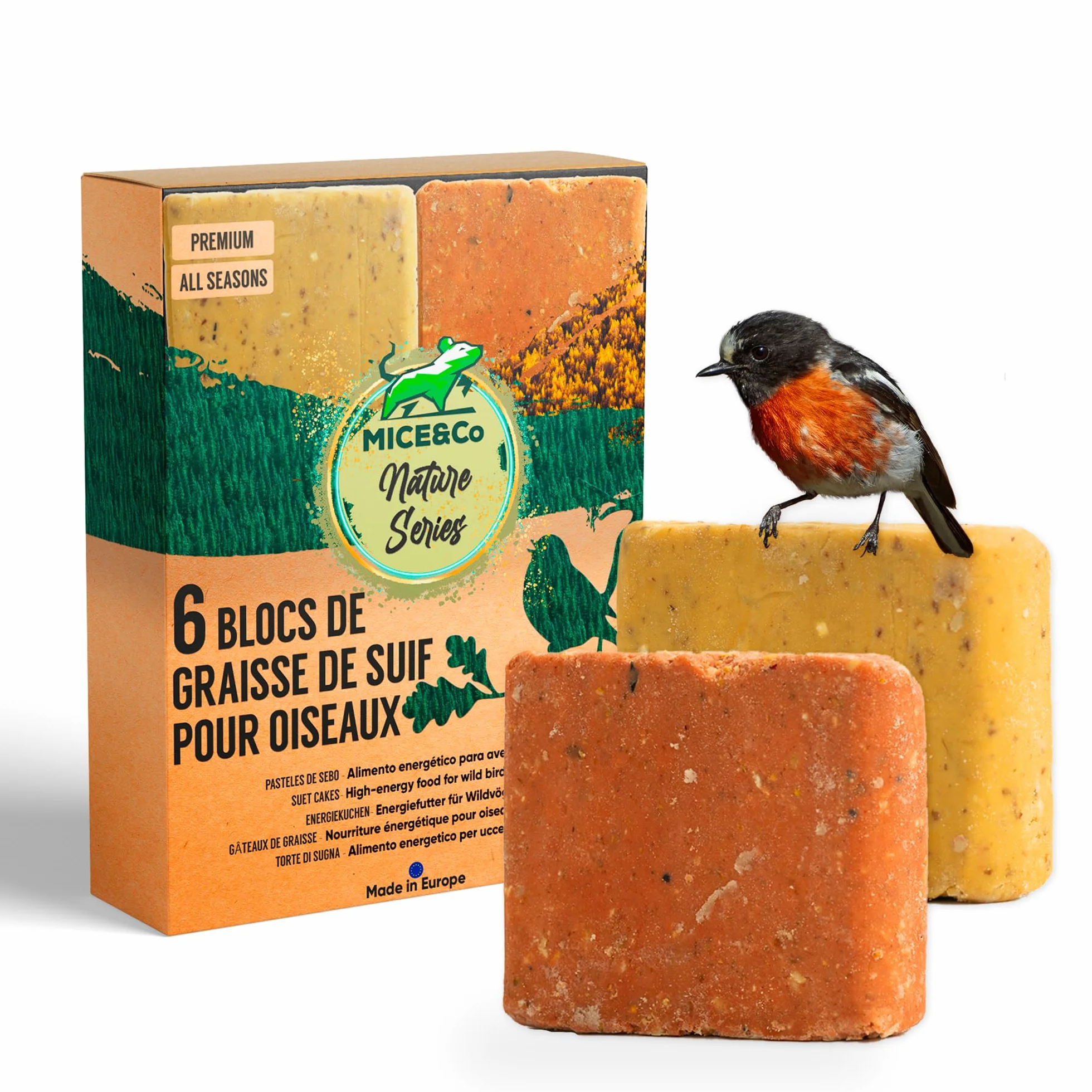 Mice&Co Gâteaux de Suif Naturels pour Oiseaux Sauvages - Nourriture Nutritive avec Graines de Millet et Cacahuètes, Blocs de Graisse Résistants pour Jardin, Pack 6 Unités