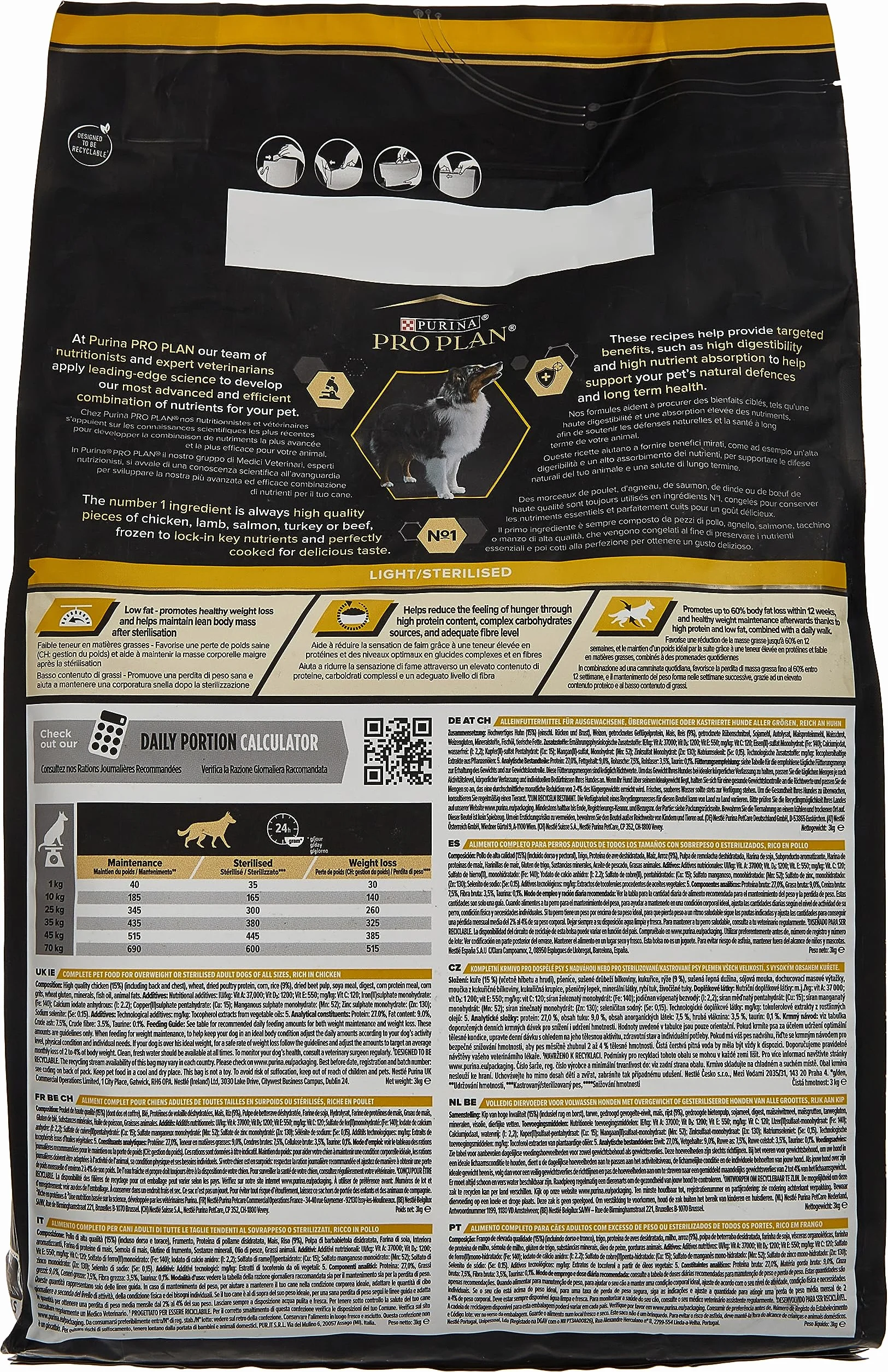 Purina PRO PLAN Adulte Toutes Tailles Light Stérilisé Aliment Sec pour Chien Gestion du Poids Riche en Protéines Faible en Matières Grasses Poulet 3kg