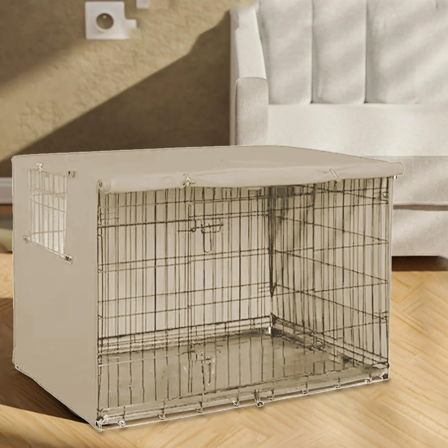 Housse Protection Cage Chien Imperméable Coupe-Vent Double Porte Noir Beige