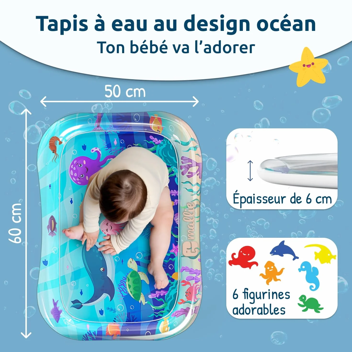 Mallie Tapis d'Eau Bébé Éveil, Tapis de Jeu pour Tummy Time 0-6 Mois, Tapis Gonflable Fille Garçon
