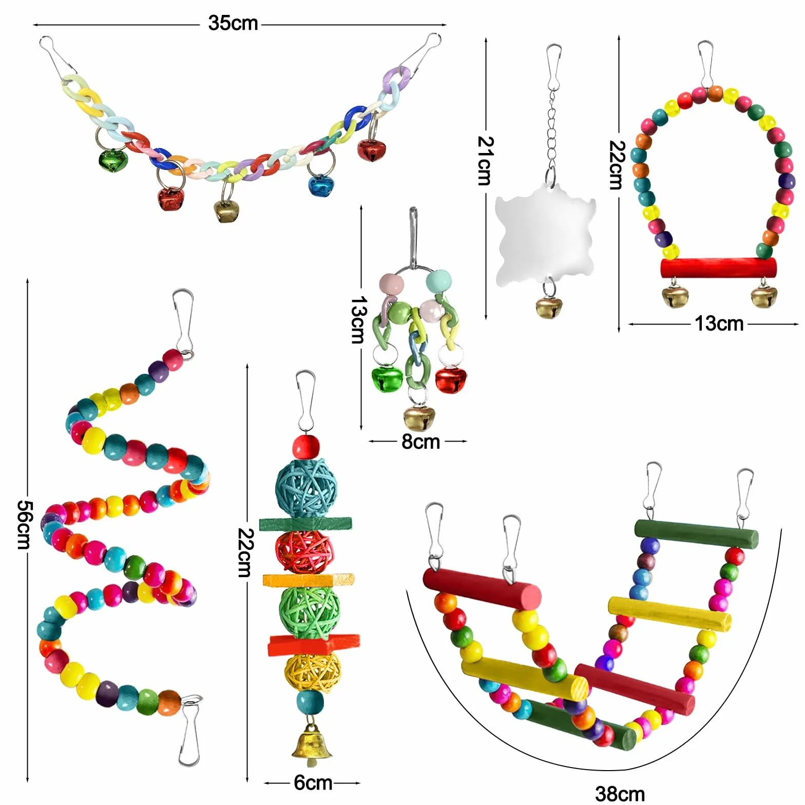 Jouets pour Oiseaux 7 Pièces Jouet Perroquet à Mâcher Suspendre Accessoire Cage Balançoire Échelle Cloches