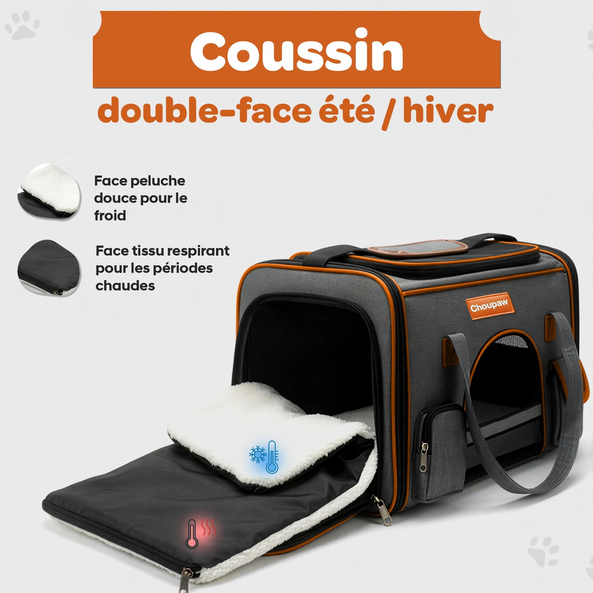 Choupaw Sac de Transport Chien et Chat 45 x 28 x 25 cm, Sac de Transport Cabine Avion Semi-Rigide avec Coussin Réversible Été/Hiver, Laisse Intérieure, Bandoulière Réglable et Bol Pliable Inclus