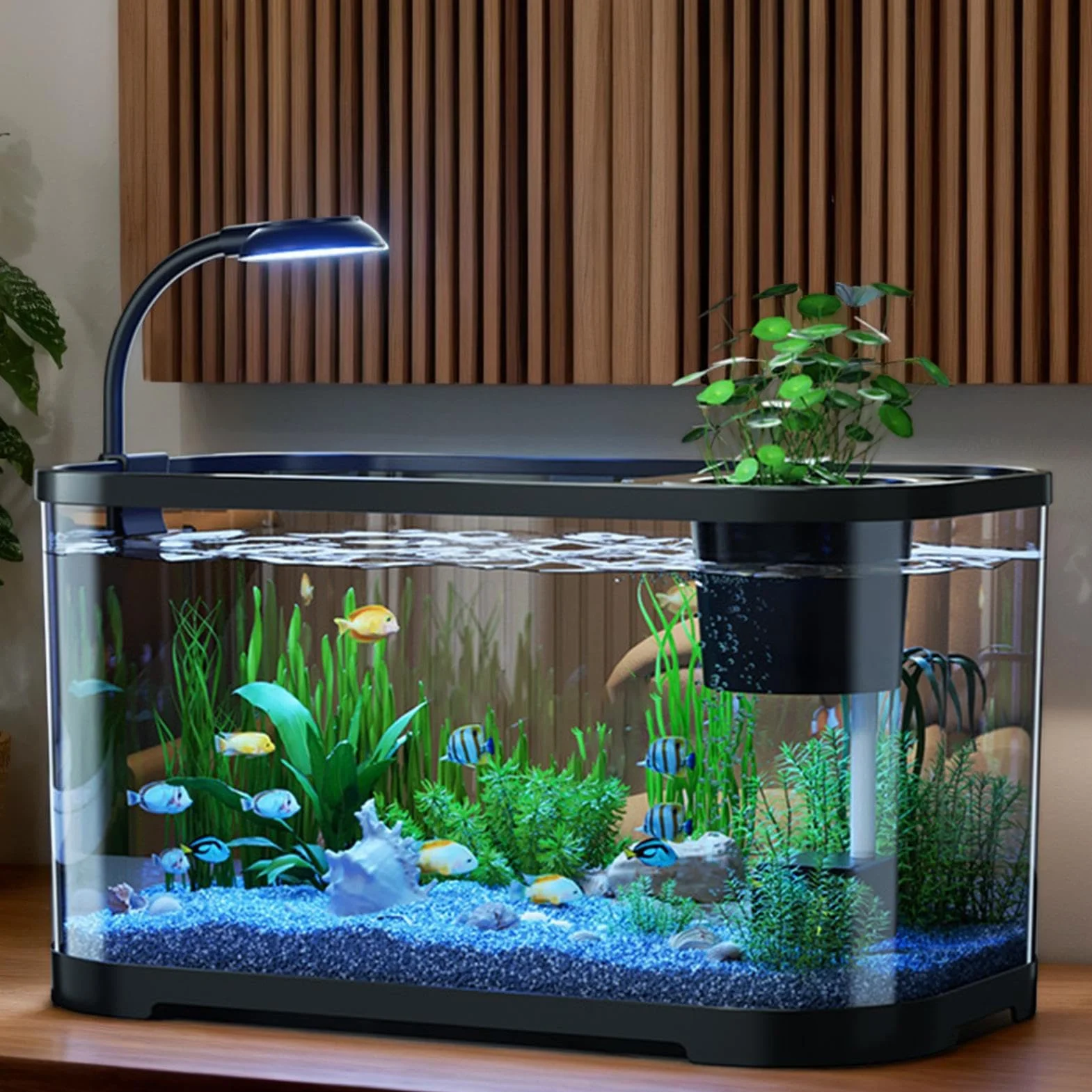 Kit Démarrage Aquarium Complet Bac Poisson Combattant Débutant Bocal Décoratif Silencieux